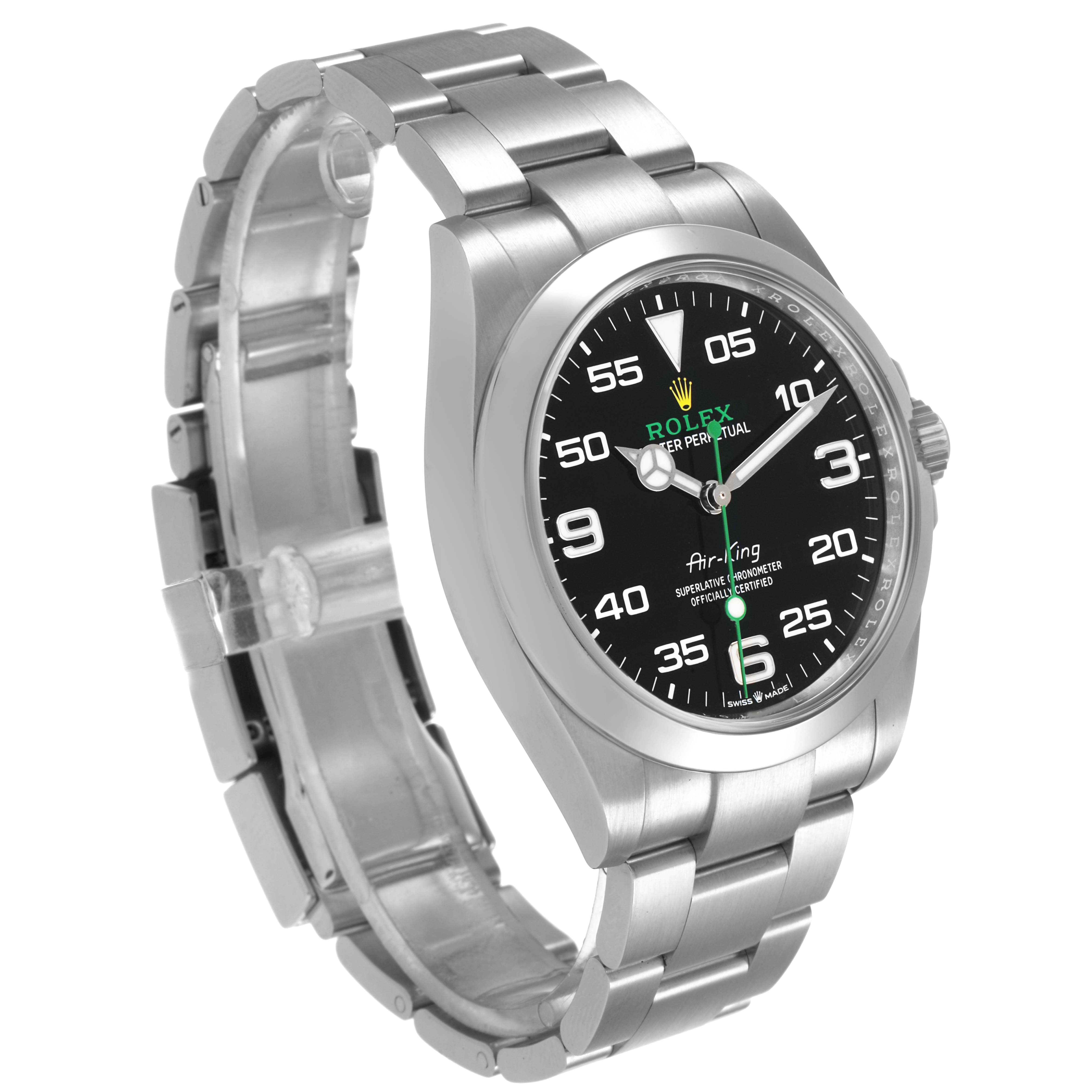 The Rolex Air-King 126900 Men's Stainless Steel Black Dial watch is shown at a three-quarter angle, displaying the dial, bezel, and bracelet.
