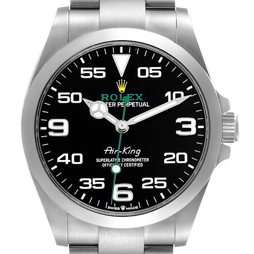 The Rolex Air-King 126900 Men's Stainless Steel Black Dial watch is shown from a front angle, displaying its face, markers, hands, crown, and part of the bracelet.