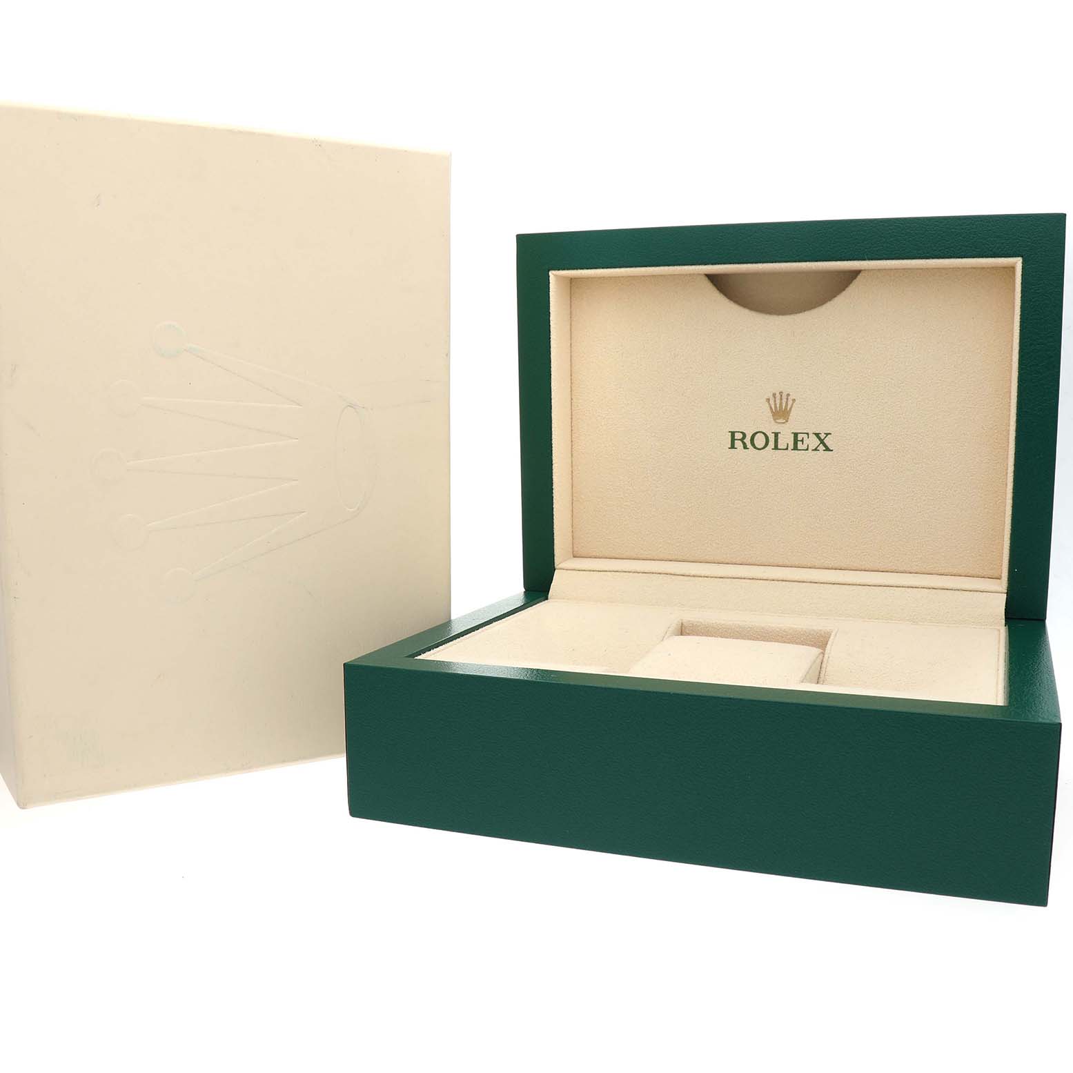 The image shows a green Rolex box for the Air-King model, open with a beige interior and the outer packaging.