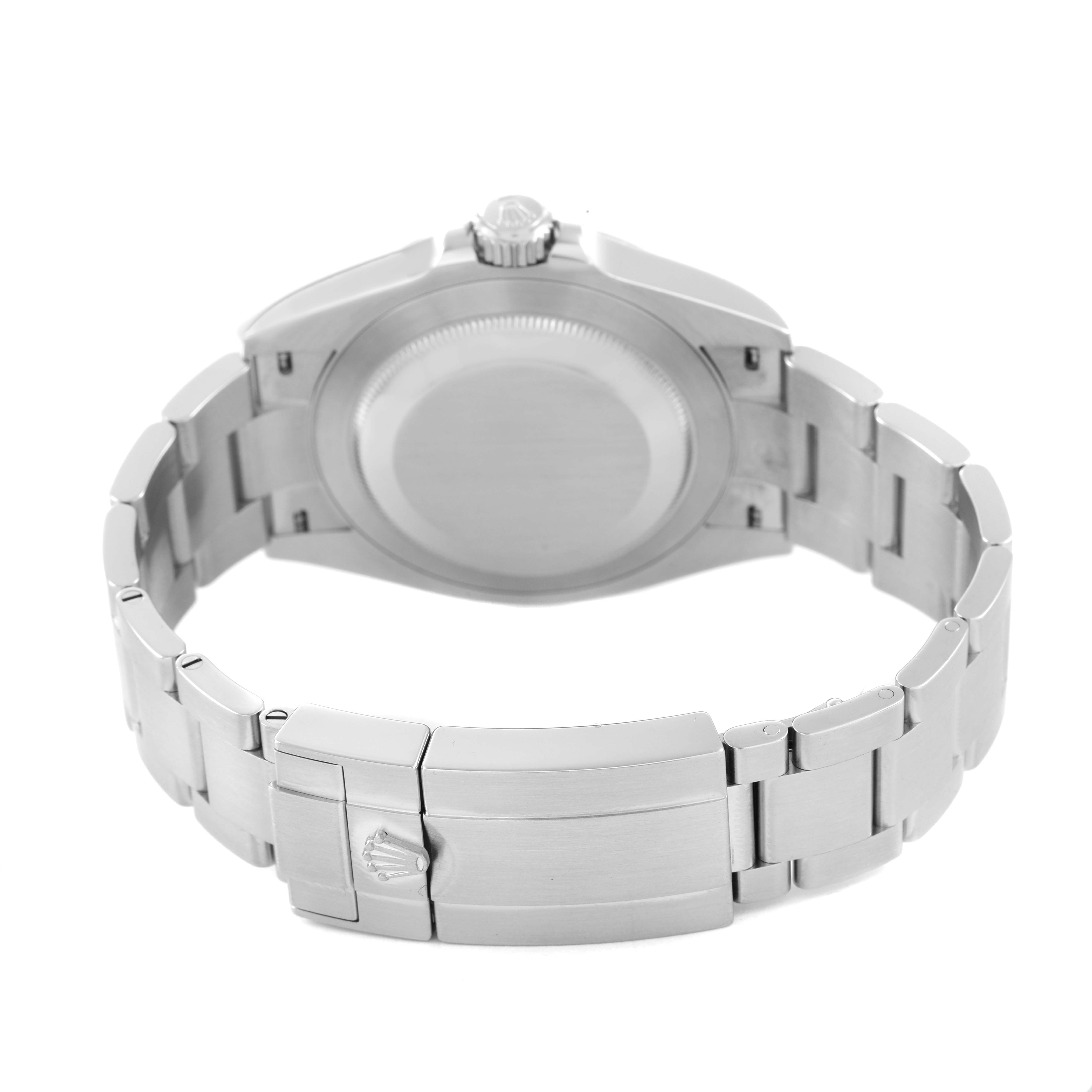 The image shows the back view of a Rolex Air-King 126900 Men's Stainless Steel Black Dial watch, highlighting the case back, crown, and bracelet clasp.