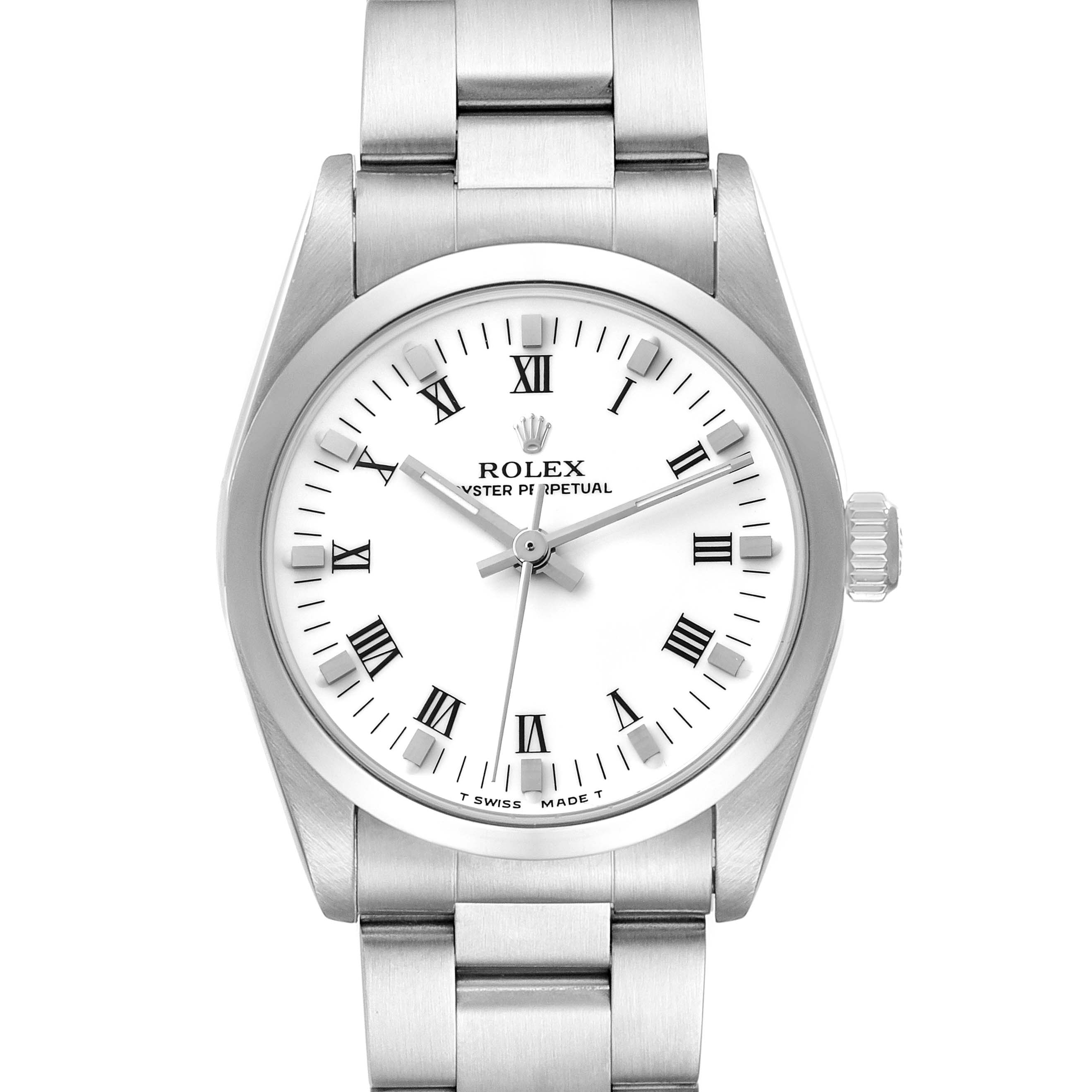 The Rolex Oyster Perpetual 67480 Women's Stainless Steel White Dial watch is shown from a top-down angle, displaying the face, bezel, crown, and bracelet.