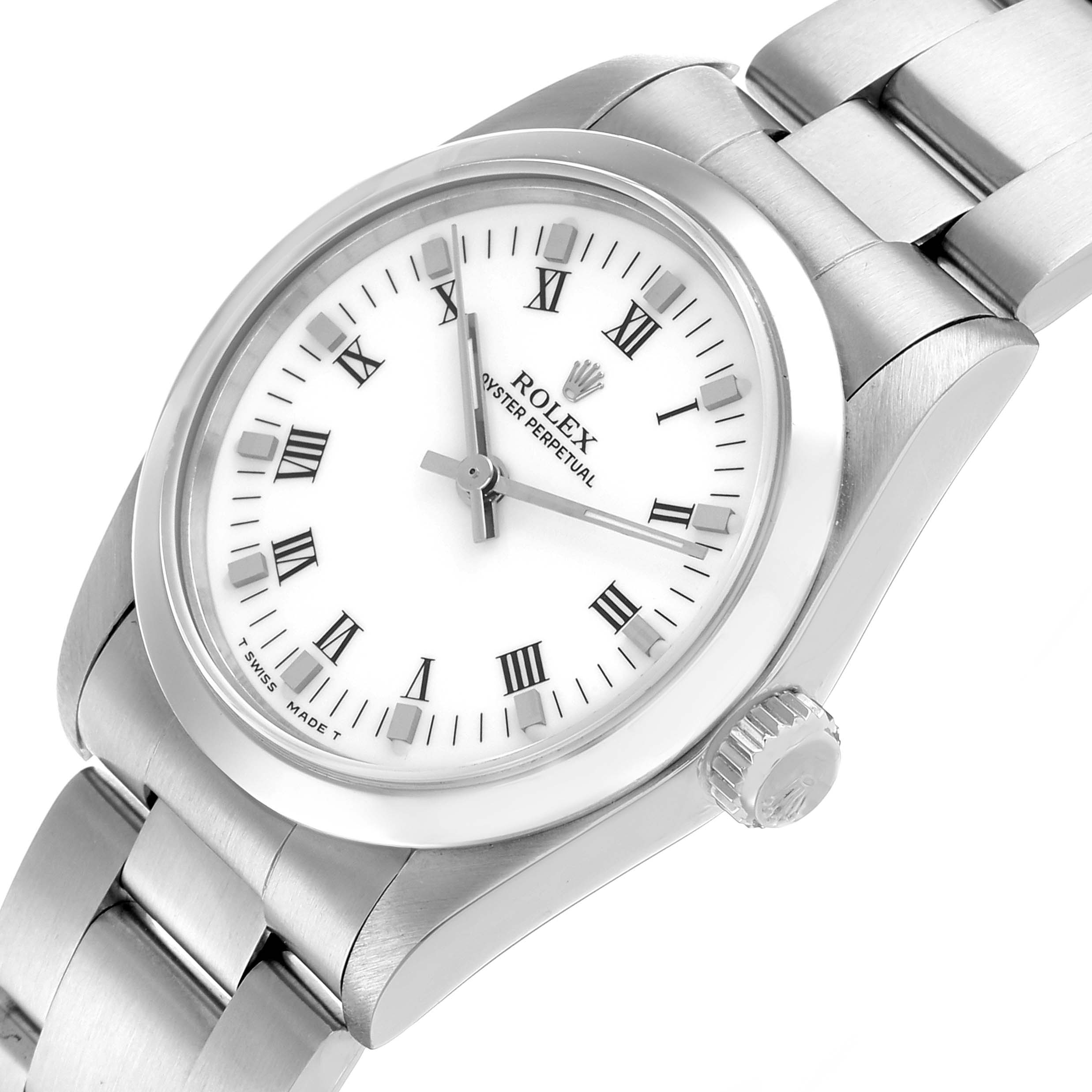 The Rolex Oyster Perpetual 67480 Women's Stainless Steel White Dial watch is shown at a slight angle, highlighting the face, bezel, and part of the bracelet.