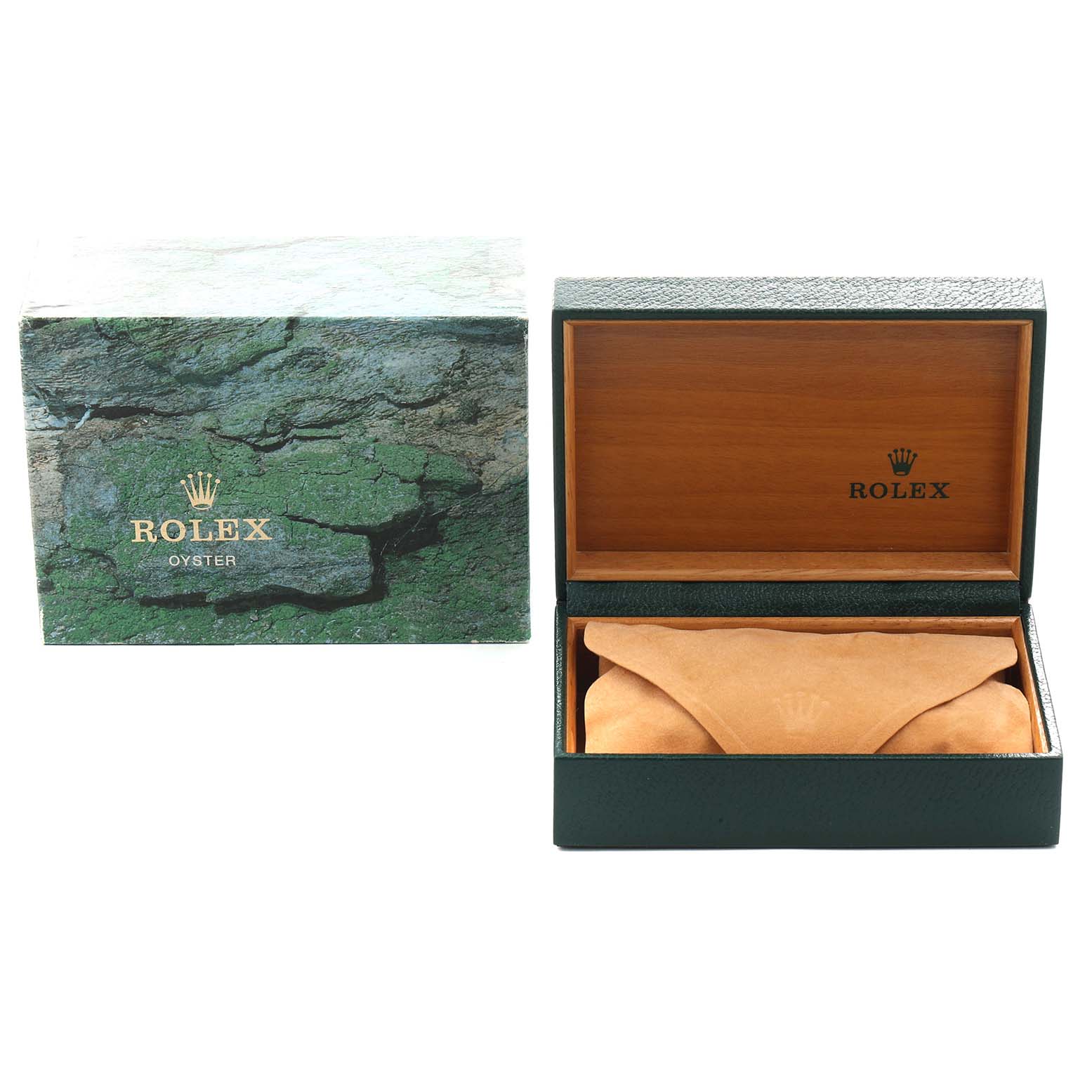 The image shows a Rolex Oyster Perpetual 67480 Women's Stainless Steel White Dial watch box and cover, featuring the logo and green textured design.