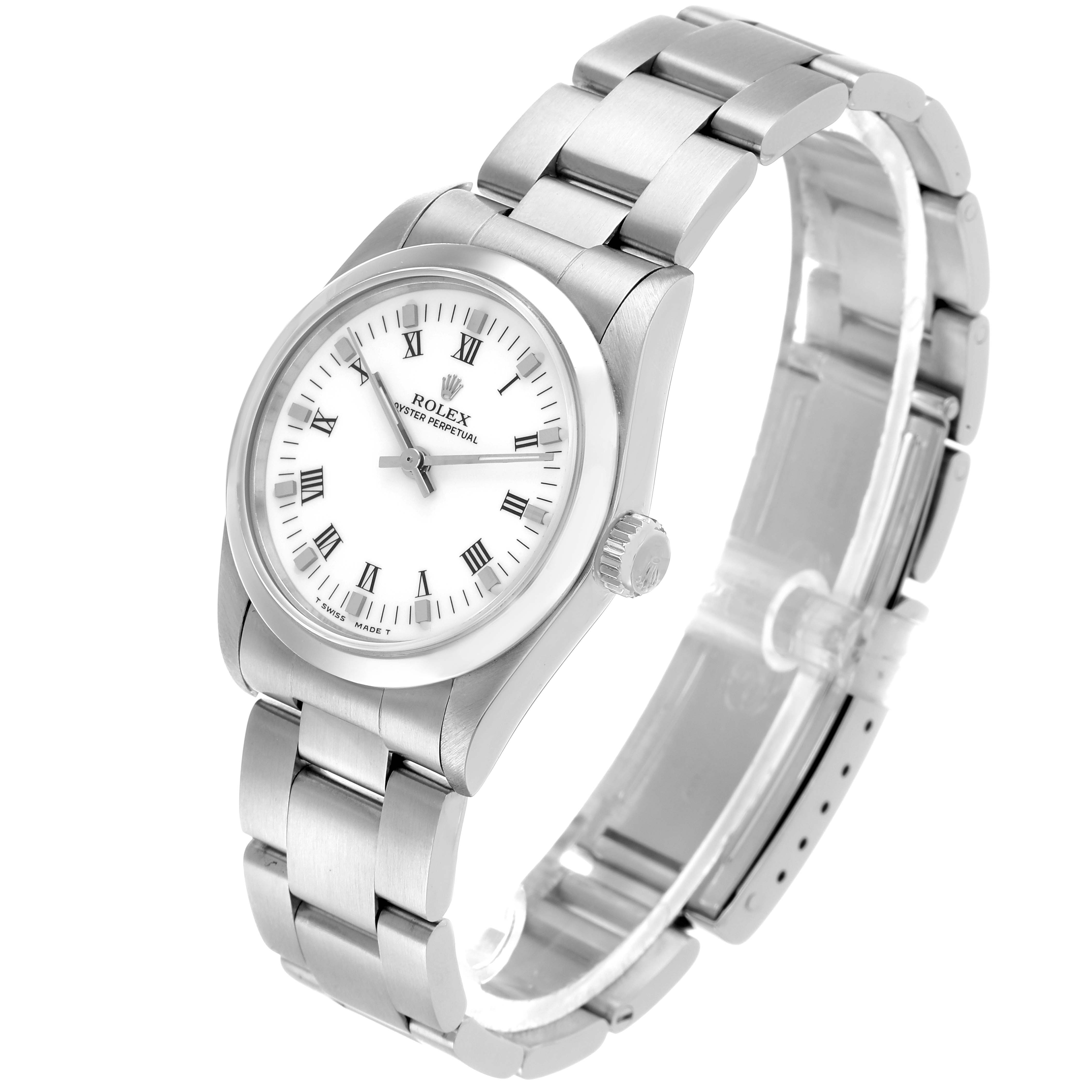 The Rolex Oyster Perpetual 67480 Women's Stainless Steel White Dial watch is shown at a slight angle, displaying its face, bezel, and bracelet prominently.