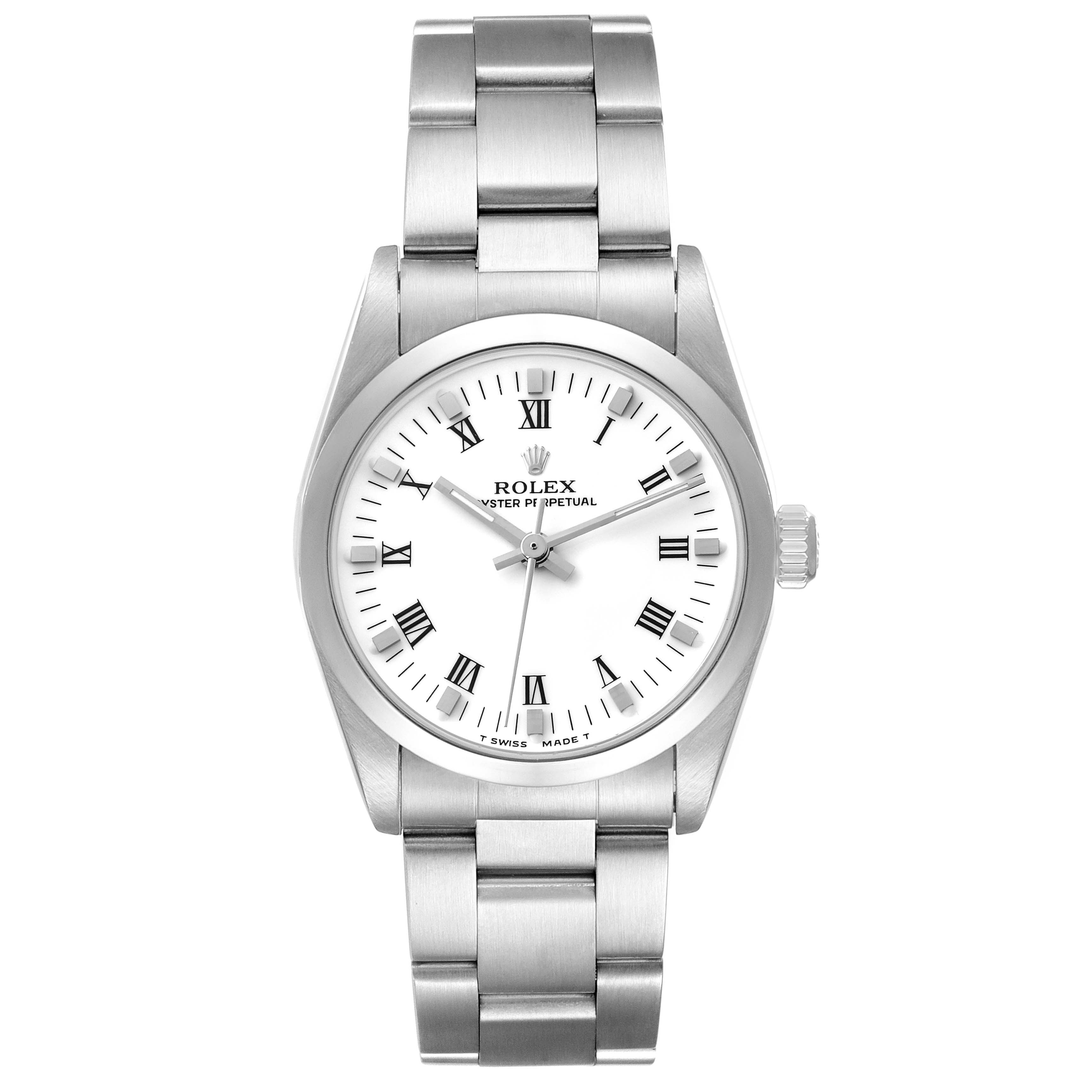 The image shows a front view of the Rolex Oyster Perpetual 67480 Women's Stainless Steel White Dial watch, displaying the dial, bezel, bracelet, and crown.