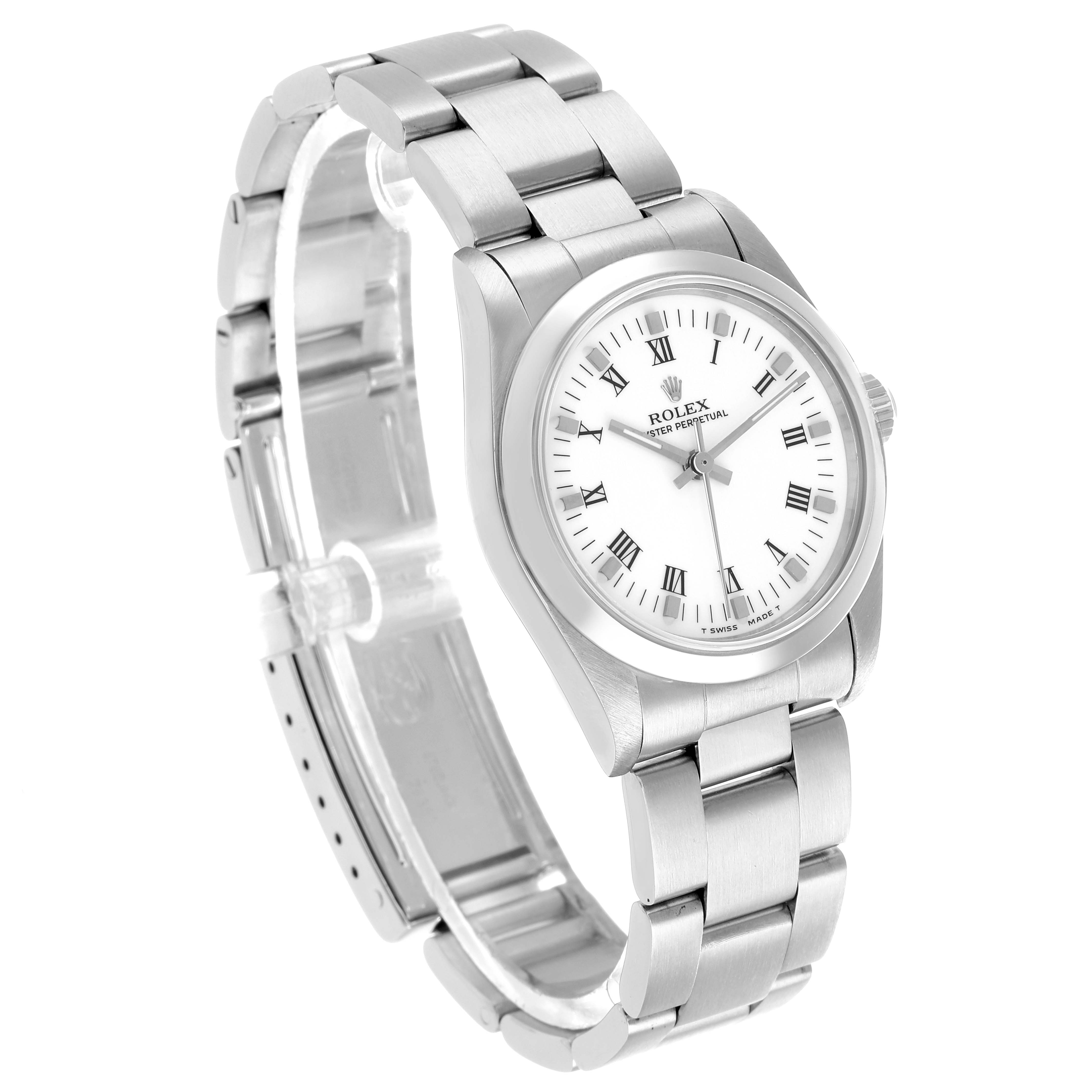 The Rolex Oyster Perpetual 67480 Women's Stainless Steel White Dial watch is shown at a side angle, displaying the face, bezel, and bracelet.