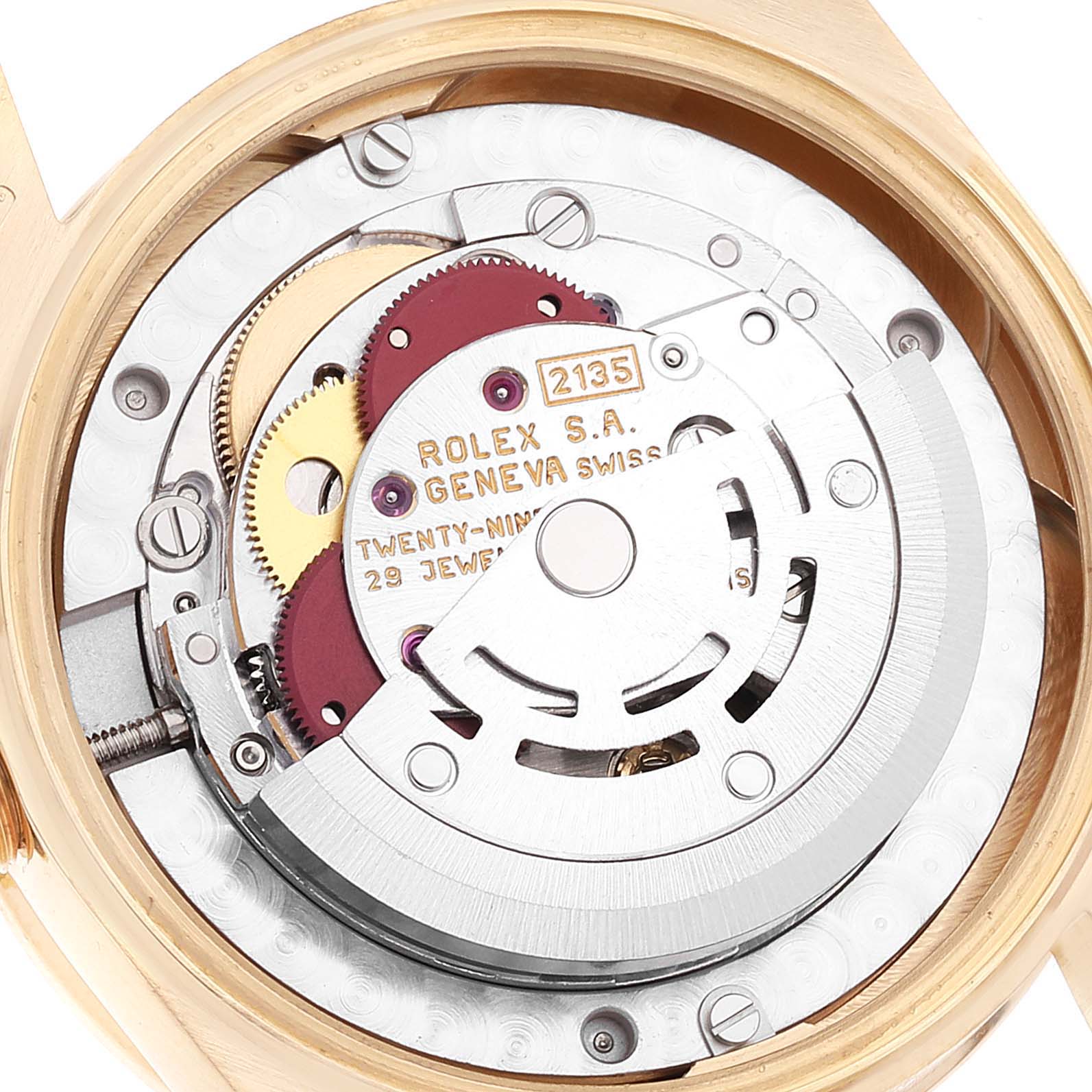 This image shows the movement and inner mechanisms of a Rolex President 68288 Women
s Yellow Gold Champagne Dial 68288 Women
s Yellow Gold Champagne Dial model watch from a top-down angle.