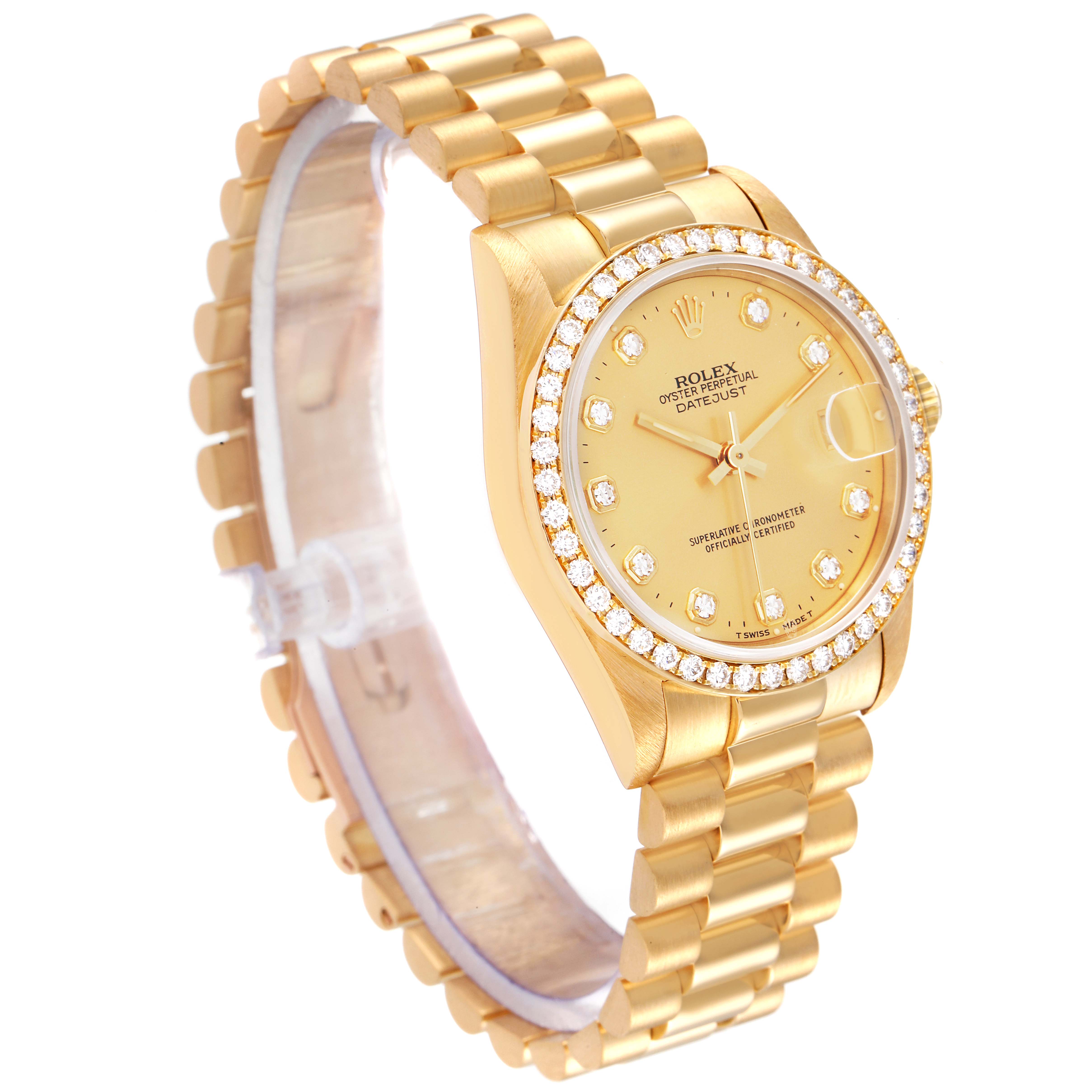 The image shows a Rolex President 68288 Women
s Yellow Gold Champagne Dial 68288 Women
s Yellow Gold Champagne Dial model watch from an angled view, highlighting its gold bracelet and diamond-studded bezel and dial.