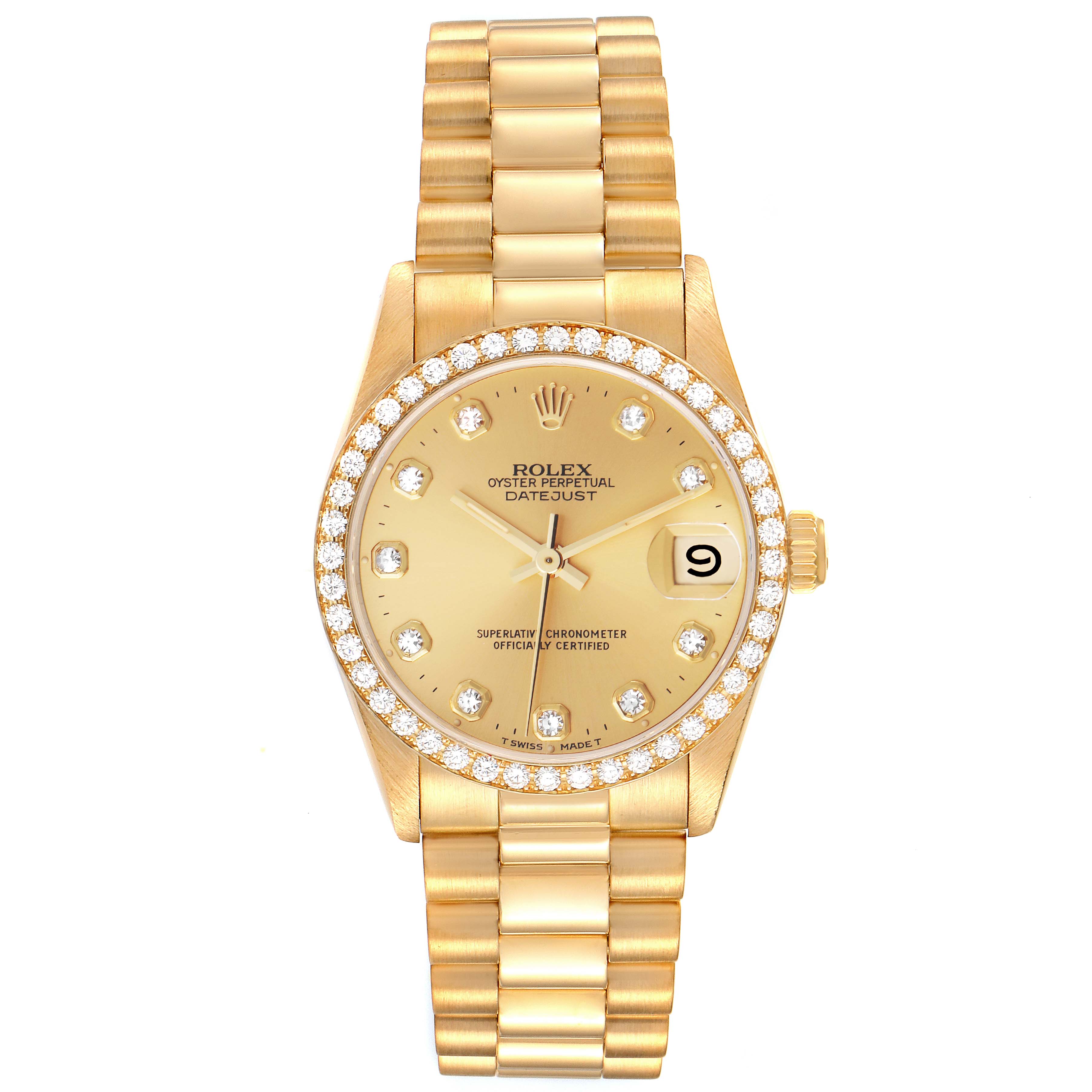 The image shows a front view of a Rolex President 68288 Women
s Yellow Gold Champagne Dial 68288 Women
s Yellow Gold Champagne Dial model watch, displaying its gold bracelet, diamond-studded bezel, dial, and date window.