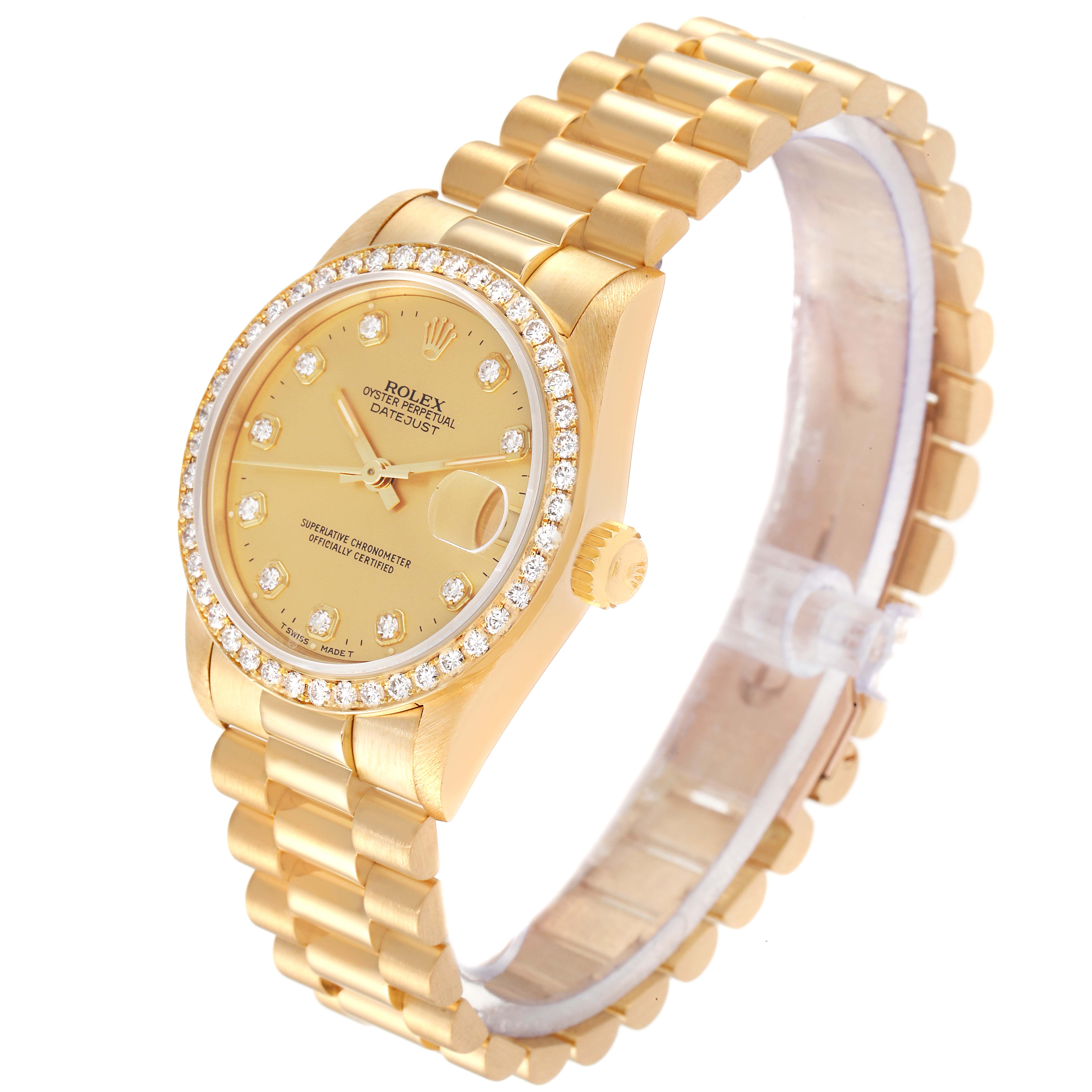 This image shows a side angle of a Rolex President 68288 Women
s Yellow Gold Champagne Dial 68288 Women
s Yellow Gold Champagne Dial model watch, featuring its gold band, dial, and diamond-encrusted bezel.