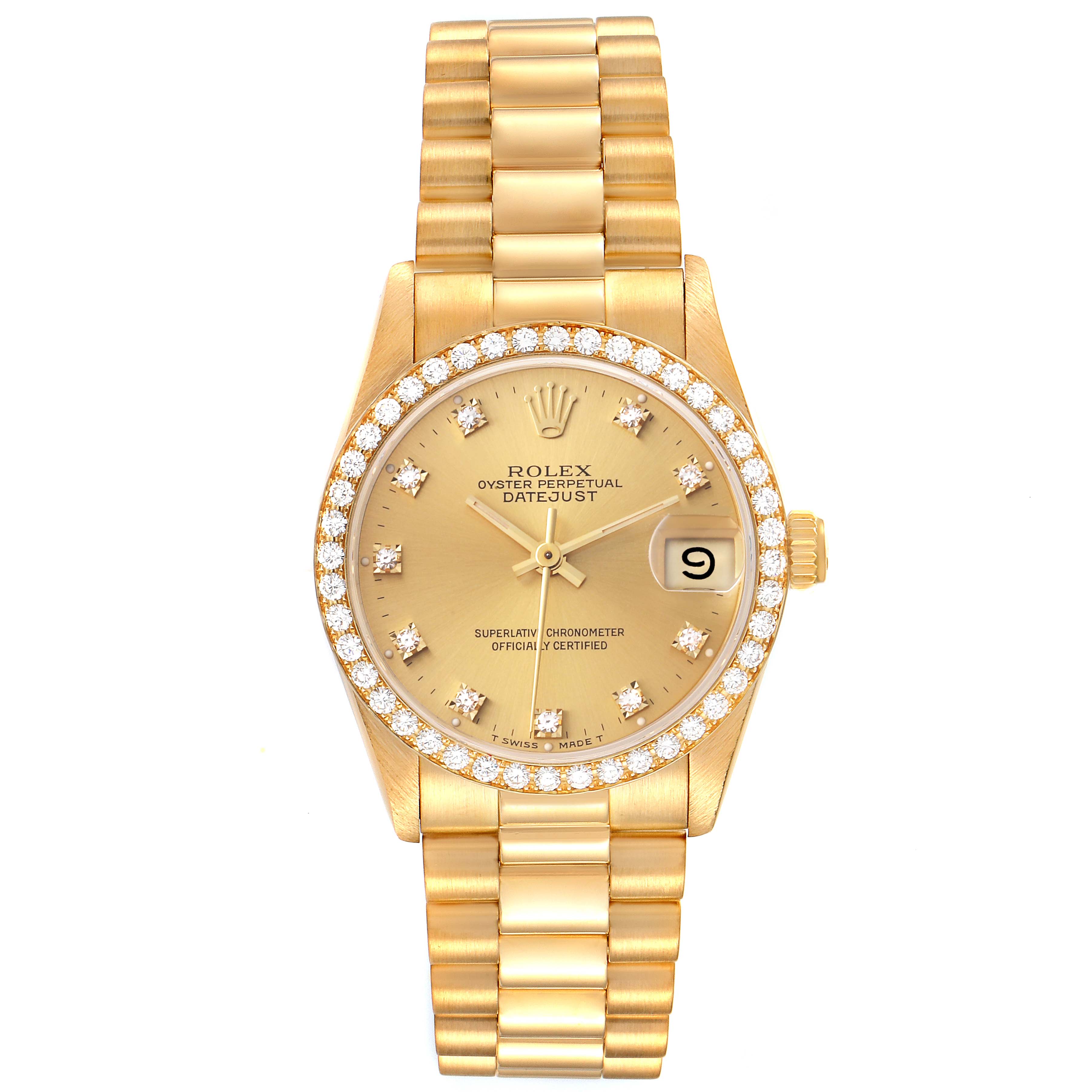 The image shows a front view of a gold Rolex President 68288 Women's Yellow Gold Champagne Dial 68288 Women's Yellow Gold Champagne Dial model watch featuring a diamond bezel and gold Oyster bracelet.
