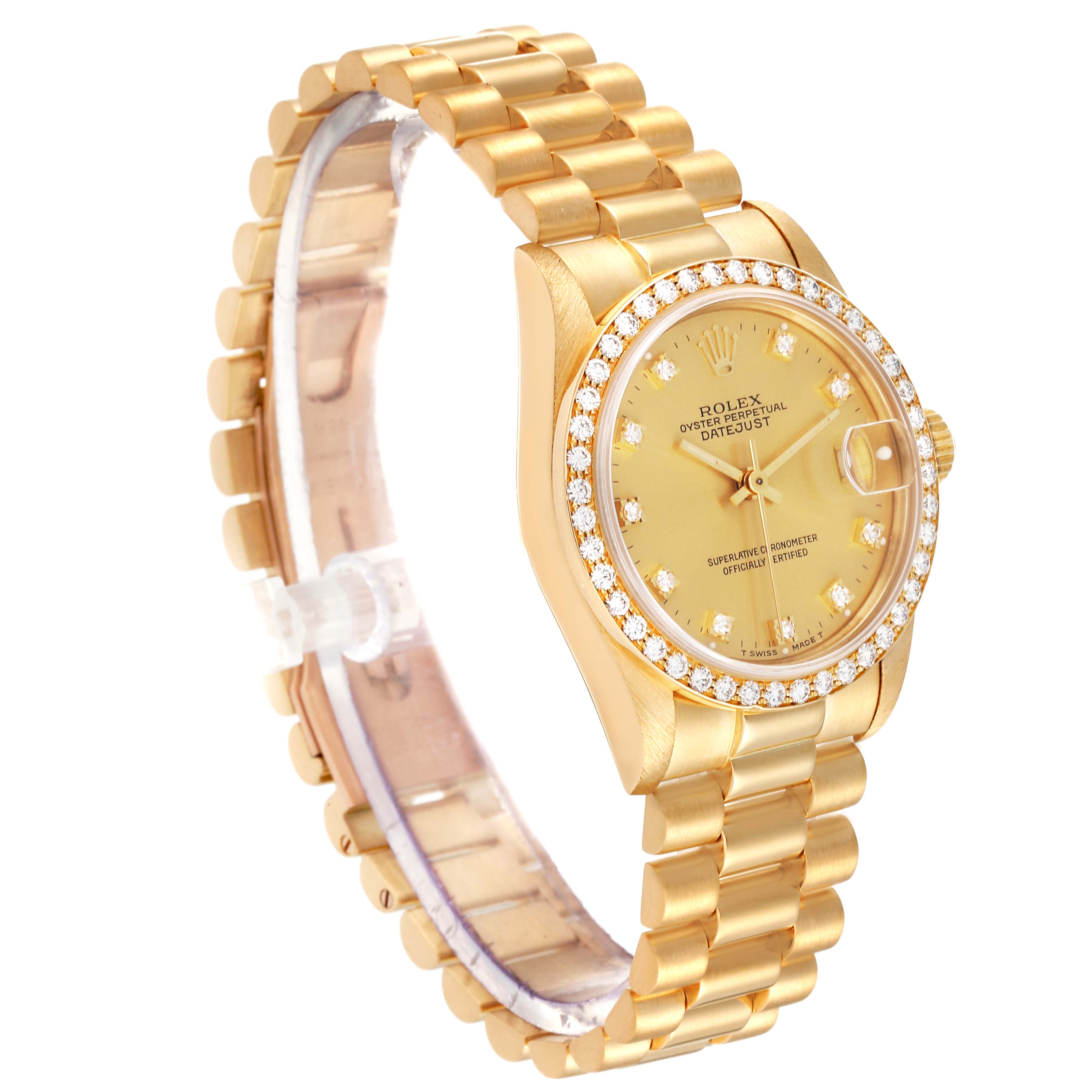 The image shows a left three-quarter view of the Rolex President 68288 Women's Yellow Gold Champagne Dial 68288 Women's Yellow Gold Champagne Dial model, highlighting the bracelet, dial, bezel, and case.
