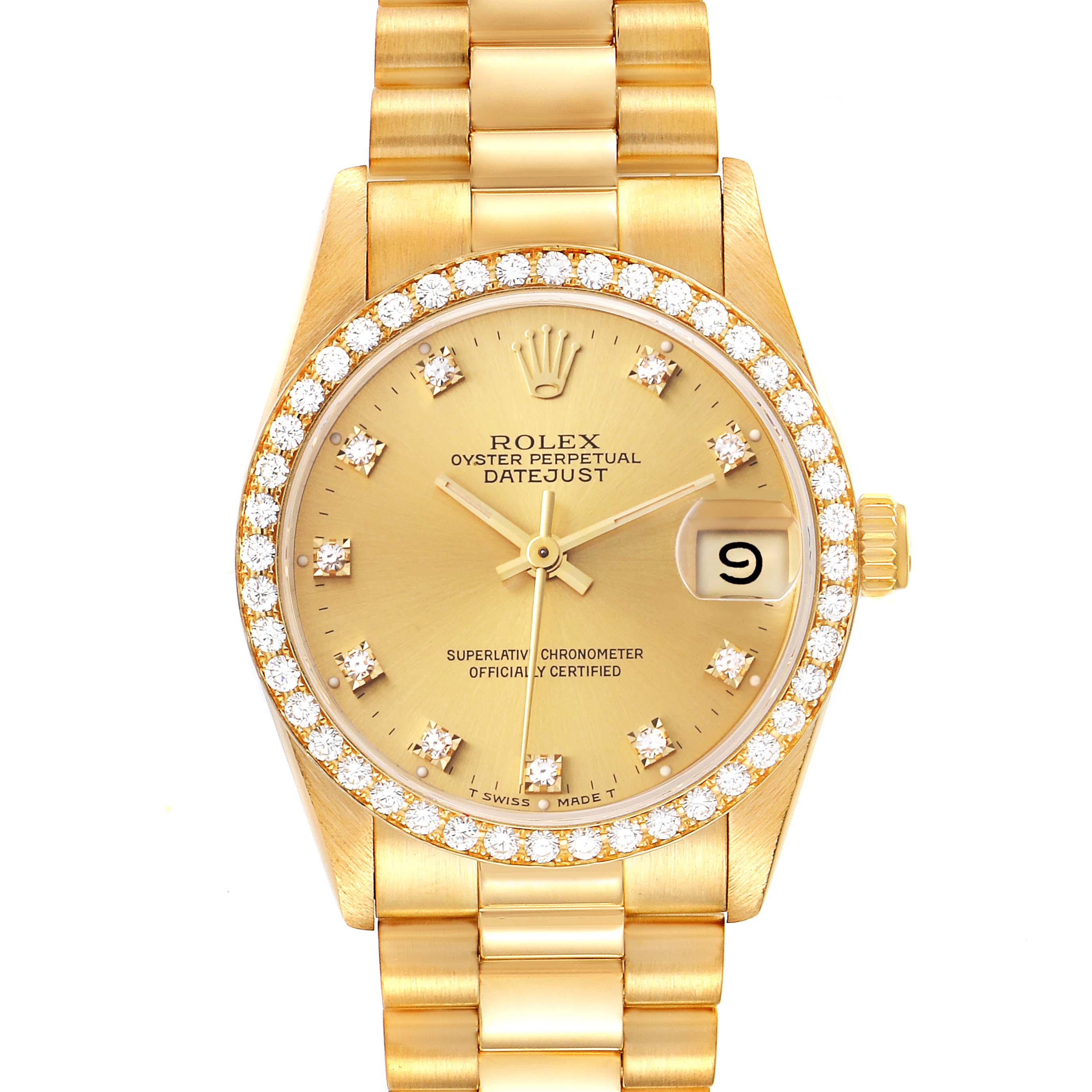 The image shows a front view of a Rolex President 68288 Women's Yellow Gold Champagne Dial 68288 Women's Yellow Gold Champagne Dial model watch, highlighting the gold dial, diamond bezel, and bracelet.