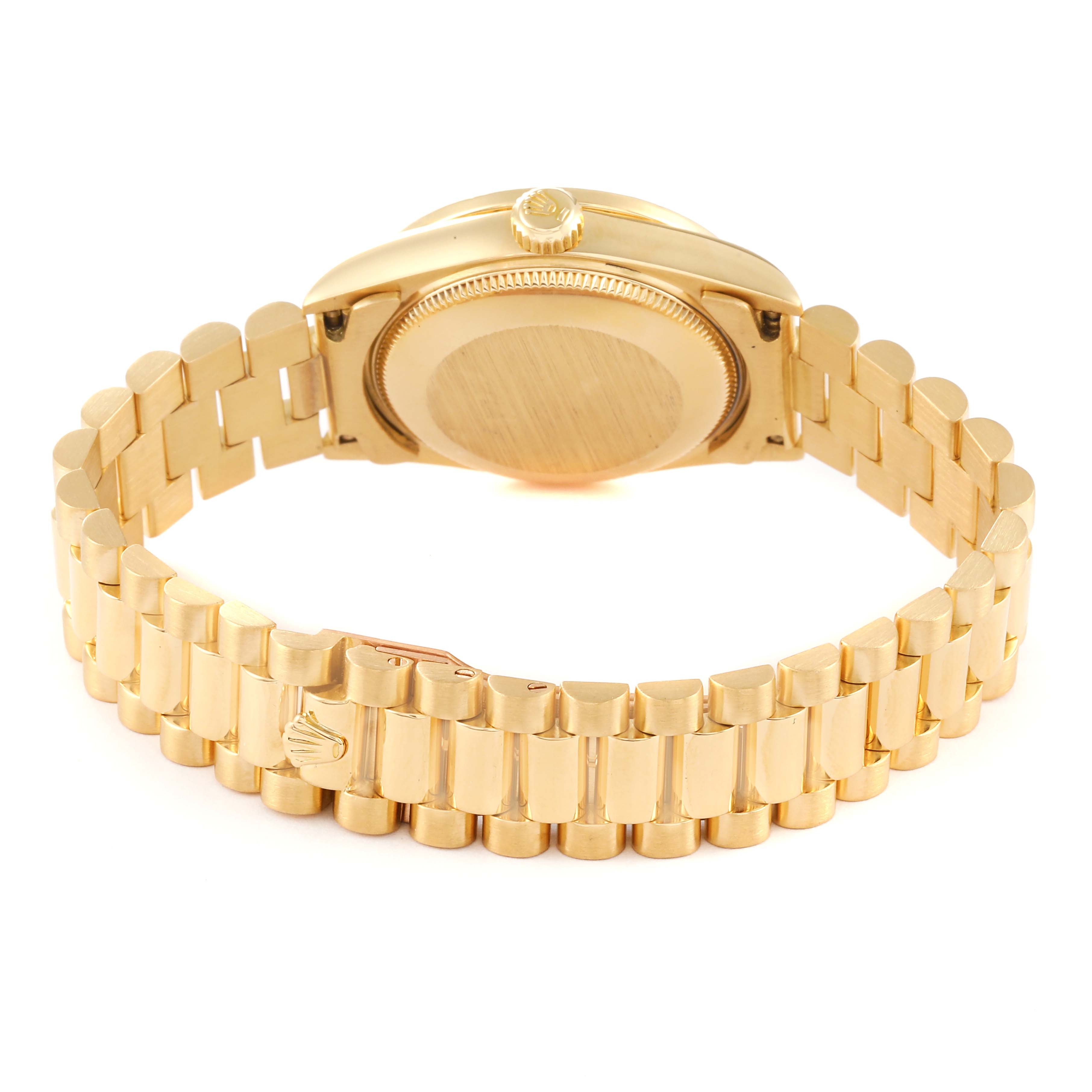 This image shows the back and bracelet of the Rolex President 68288 Women's Yellow Gold Champagne Dial 68288 Women's Yellow Gold Champagne Dial model watch, highlighting its gold finish and clasp.