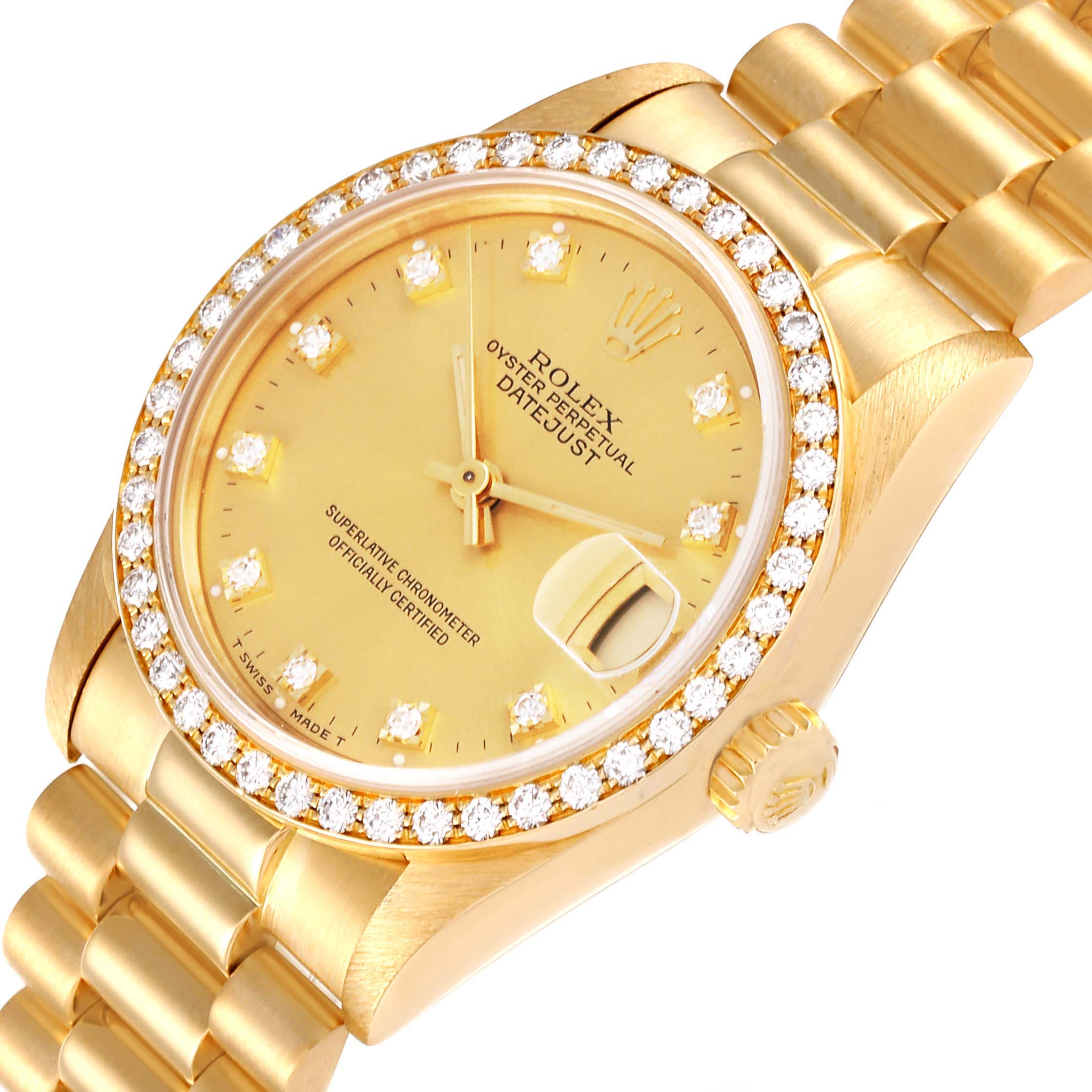 This image shows a Rolex President 68288 Women's Yellow Gold Champagne Dial 68288 Women's Yellow Gold Champagne Dial model watch at an oblique angle, highlighting the diamond-encrusted bezel and gold bracelet.