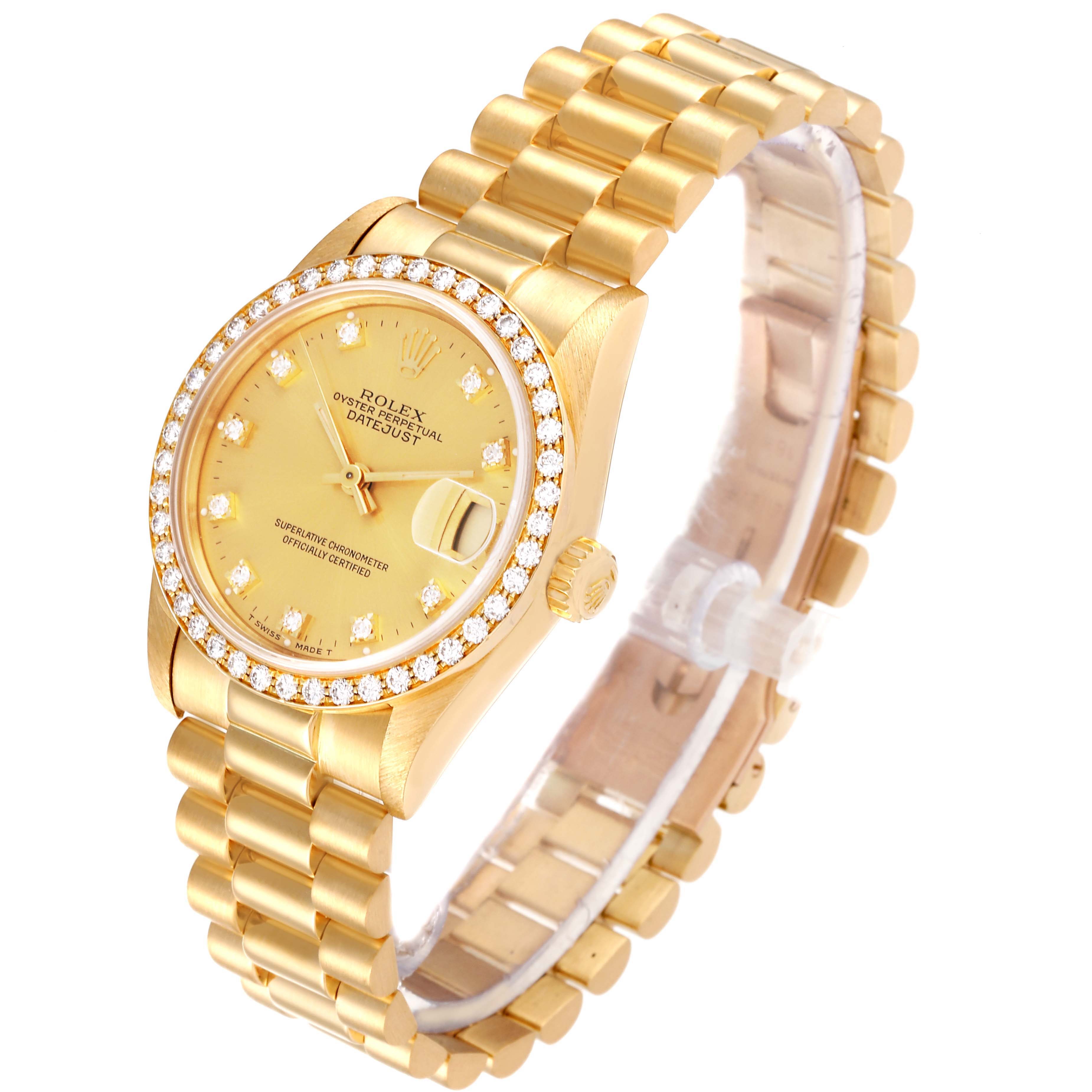 This image shows a Rolex President 68288 Women's Yellow Gold Champagne Dial 68288 Women's Yellow Gold Champagne Dial model watch, angled to display its gold bracelet, diamond bezel, and dial with date function.