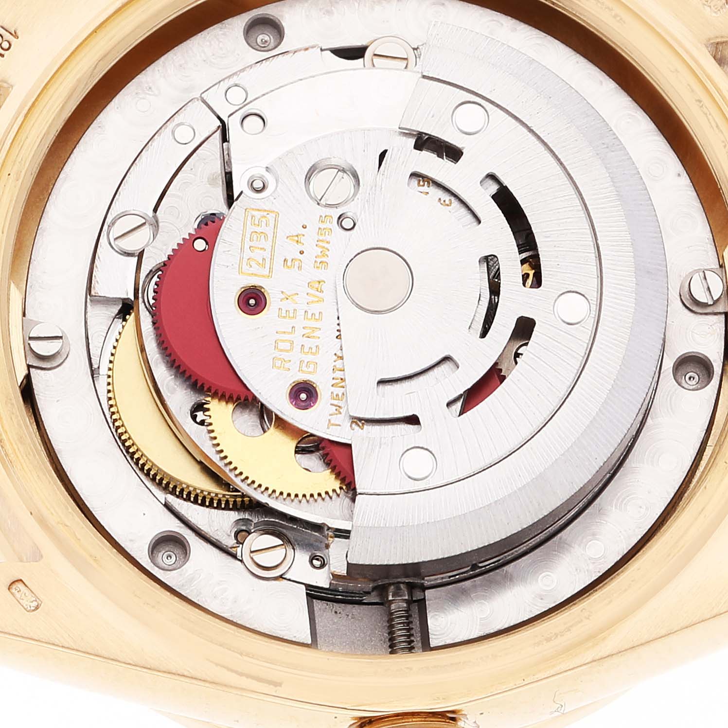 This image shows a close-up of the internal mechanism of a Rolex President 68288 Women's Yellow Gold Champagne Dial 68288 Women's Yellow Gold Champagne Dial model watch.