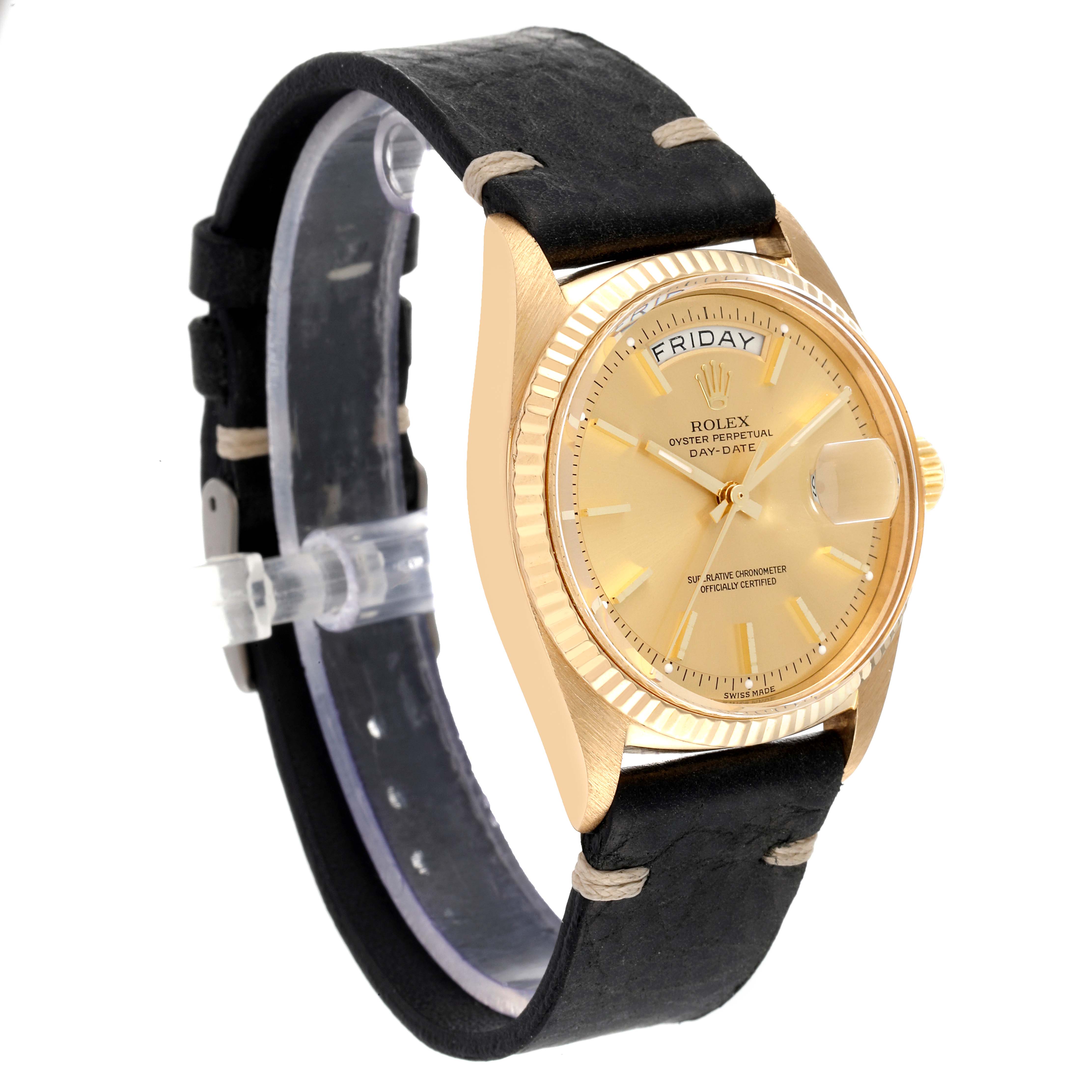 The image shows a side angle view of the Rolex President 1803 Men's Yellow Gold Champagne Dial 1803 Men's Yellow Gold Champagne Dial model watch, highlighting the face, bezel, case, and strap.