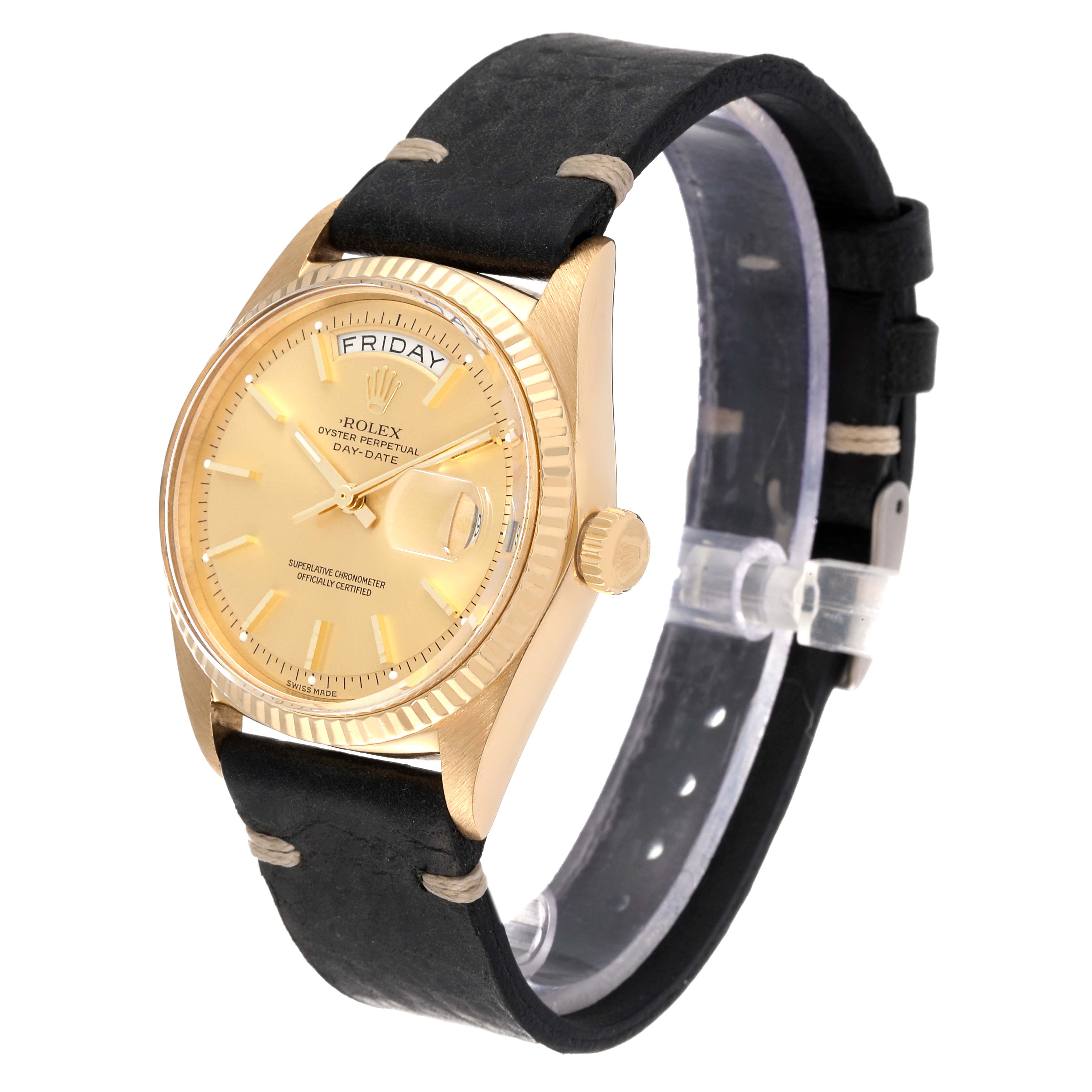 This image shows a Rolex President 1803 Men's Yellow Gold Champagne Dial 1803 Men's Yellow Gold Champagne Dial model watch at a three-quarter angle, featuring the dial, bezel, crown, and leather strap.