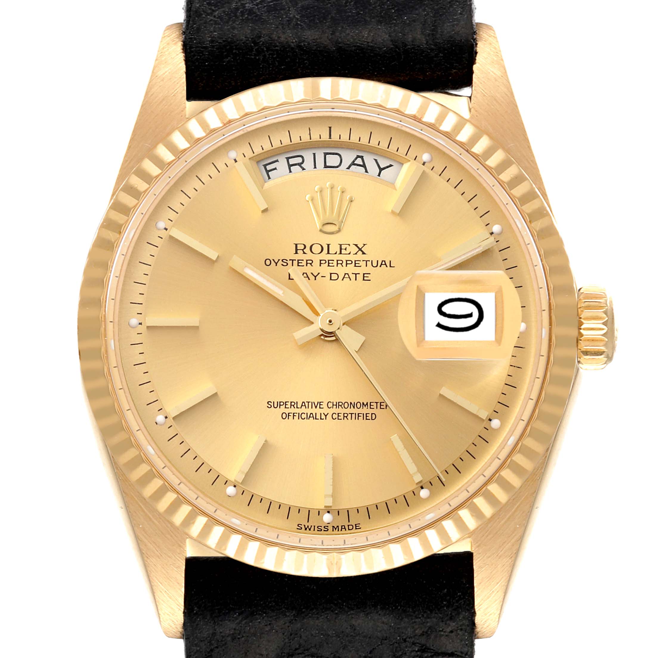 The image shows a front view of the Rolex President 1803 Men's Yellow Gold Champagne Dial 1803 Men's Yellow Gold Champagne Dial watch, highlighting the dial, bezel, crown, and day-date display.