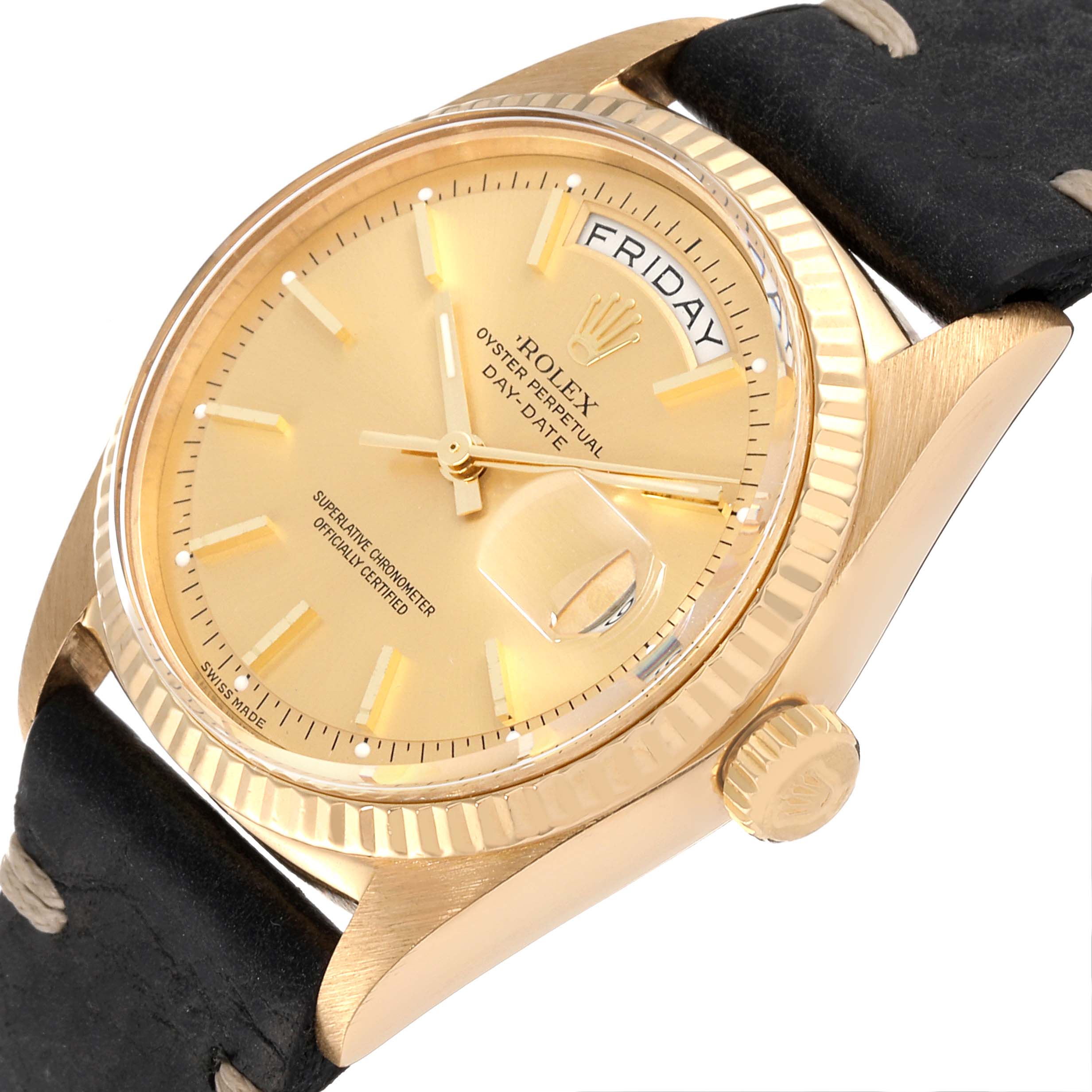 This Rolex President 1803 Men's Yellow Gold Champagne Dial 1803 Men's Yellow Gold Champagne Dial model watch is shown at an angle highlighting the face, bezel, crown, and part of the leather strap.