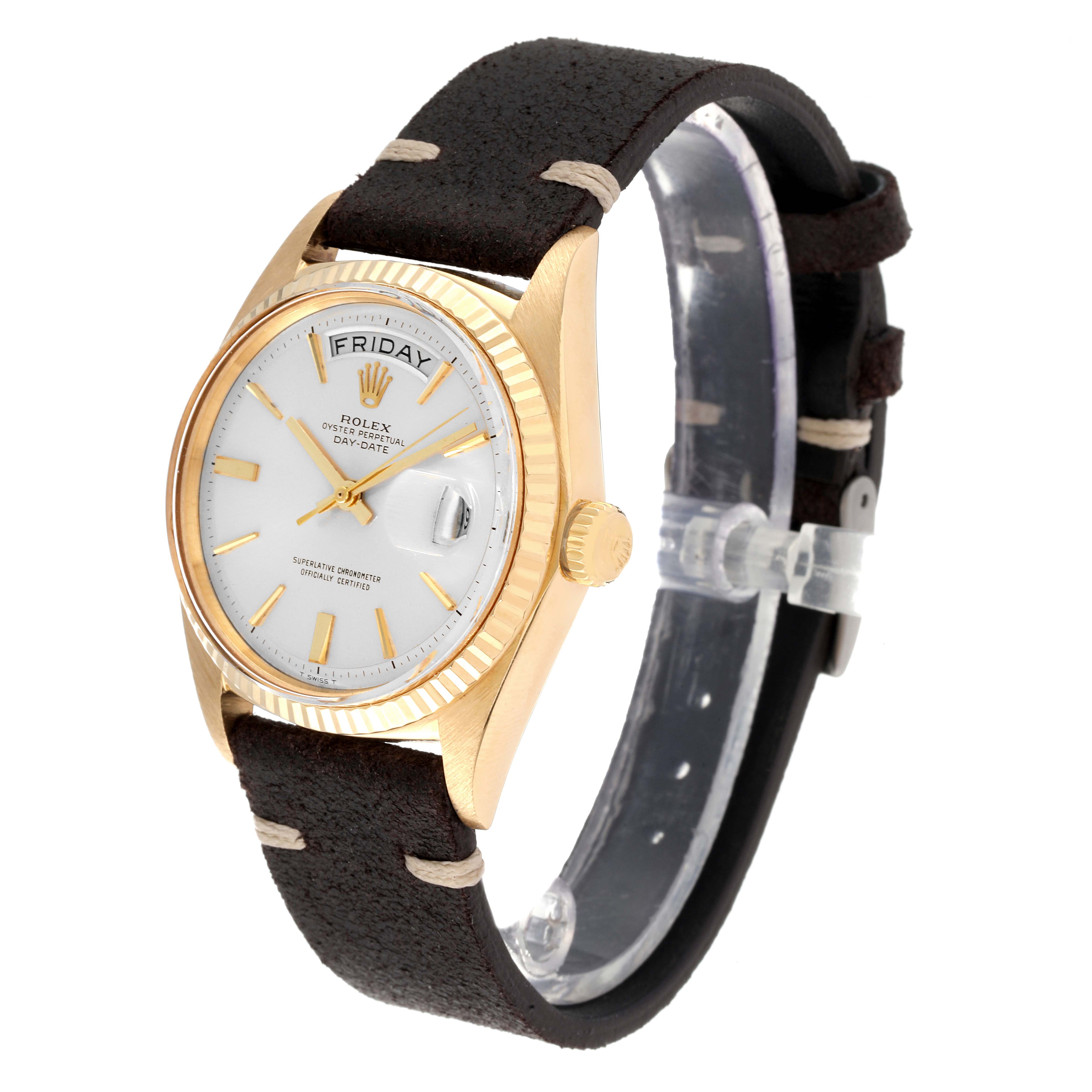 The image shows a Rolex Vintage Collection 1803 Men's Yellow Gold Silver Dial 1803 Men's Yellow Gold Silver Dial model watch at a slight angle, highlighting its face, bezel, and strap.