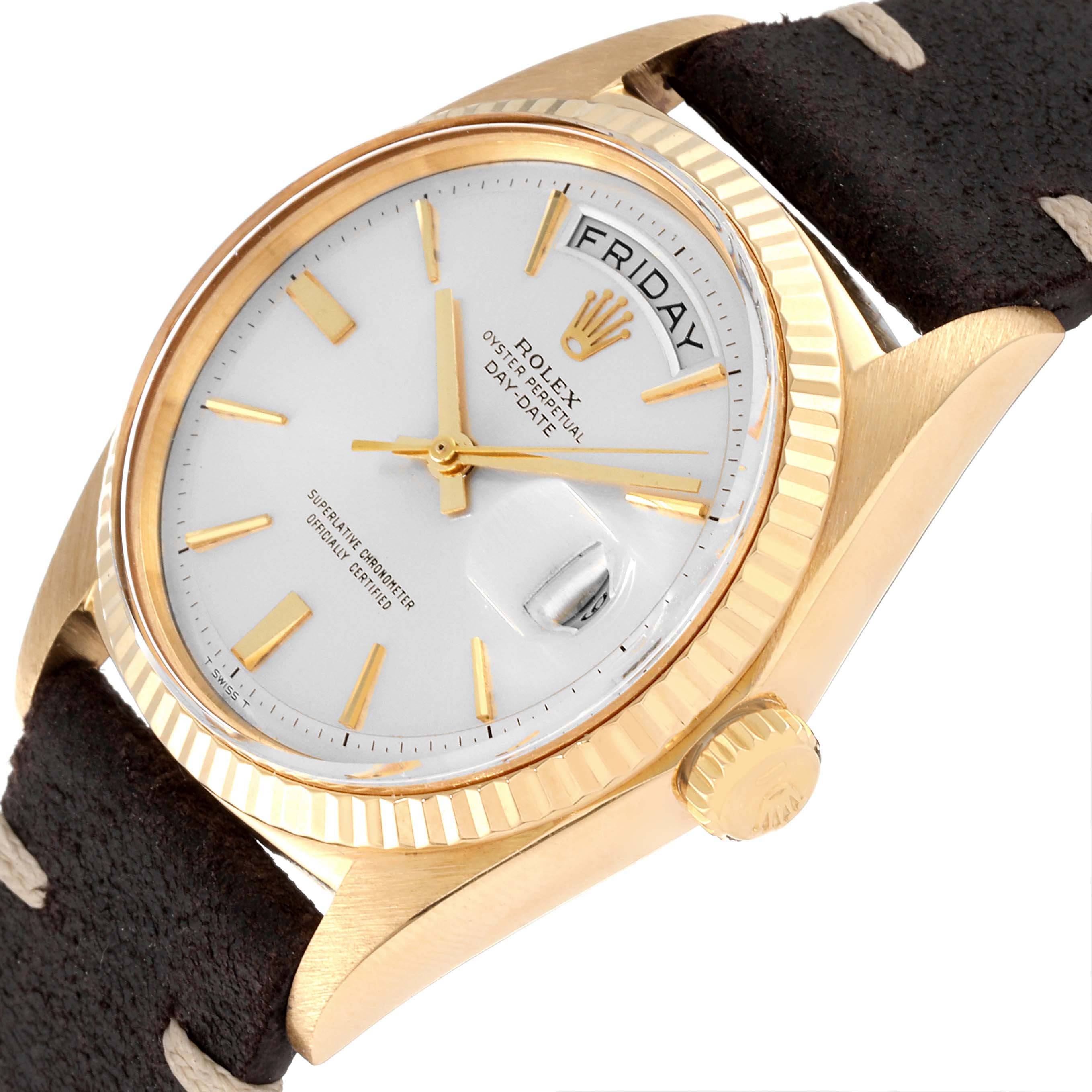 The Rolex Vintage Collection 1803 Men's Yellow Gold Silver Dial 1803 Men's Yellow Gold Silver Dial model is shown at an angle highlighting the dial, crown, and part of the leather strap.
