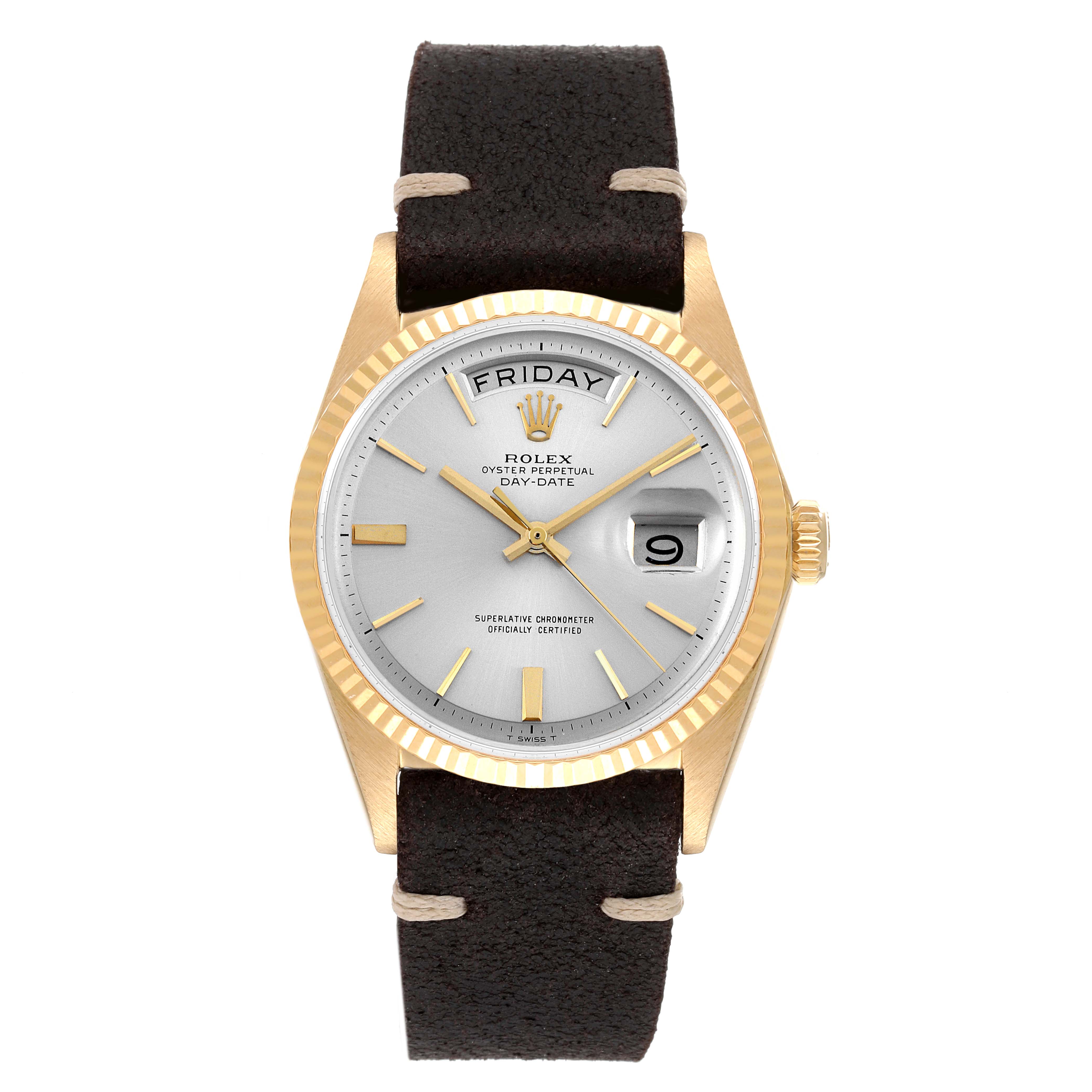 This is a frontal view of a Vintage Collection Rolex Day-Date watch, showcasing its dial, hands, and leather strap.