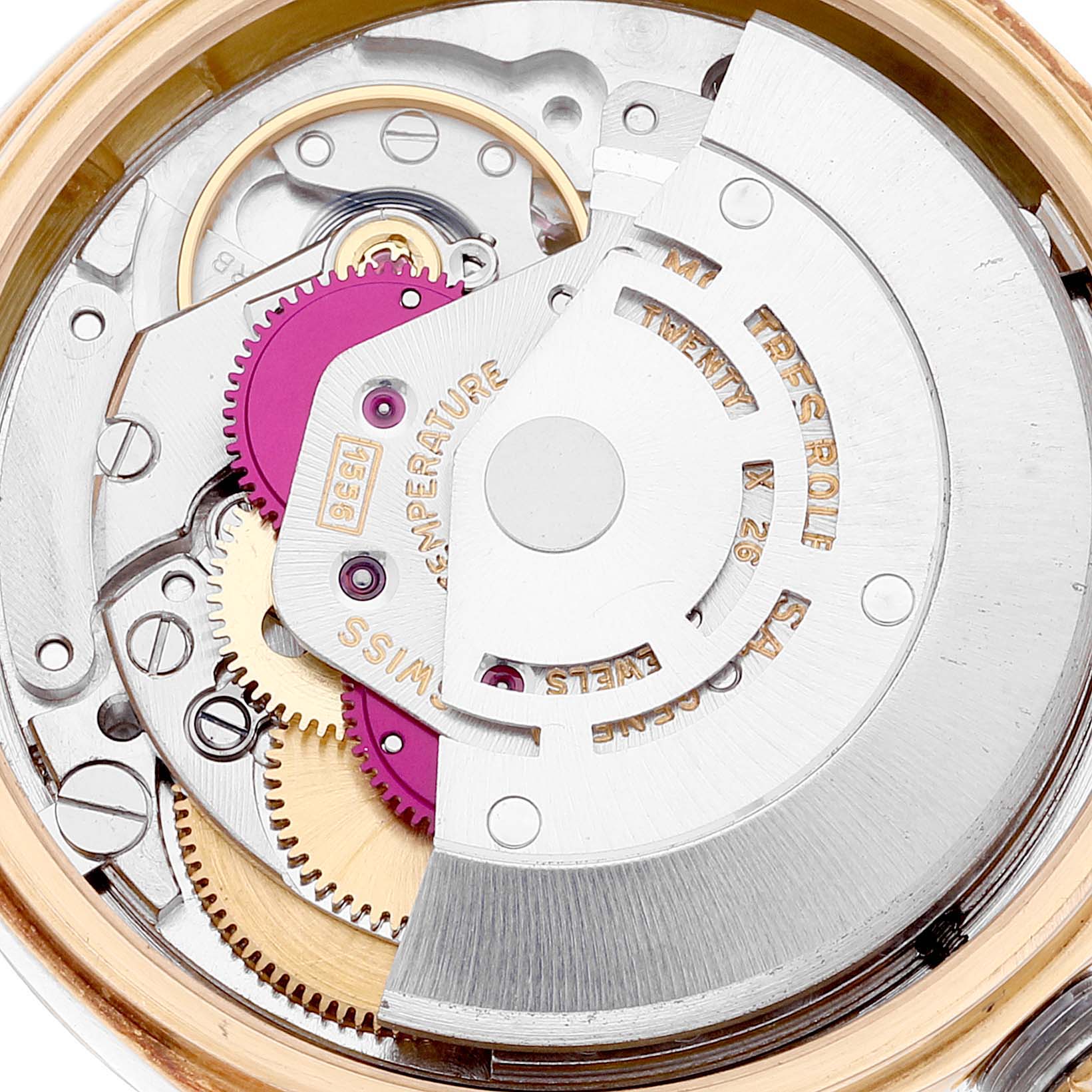 The image displays the intricate internal mechanism of a Rolex Vintage Collection 1803 Men's Yellow Gold Silver Dial 1803 Men's Yellow Gold Silver Dial watch, viewed from the back.