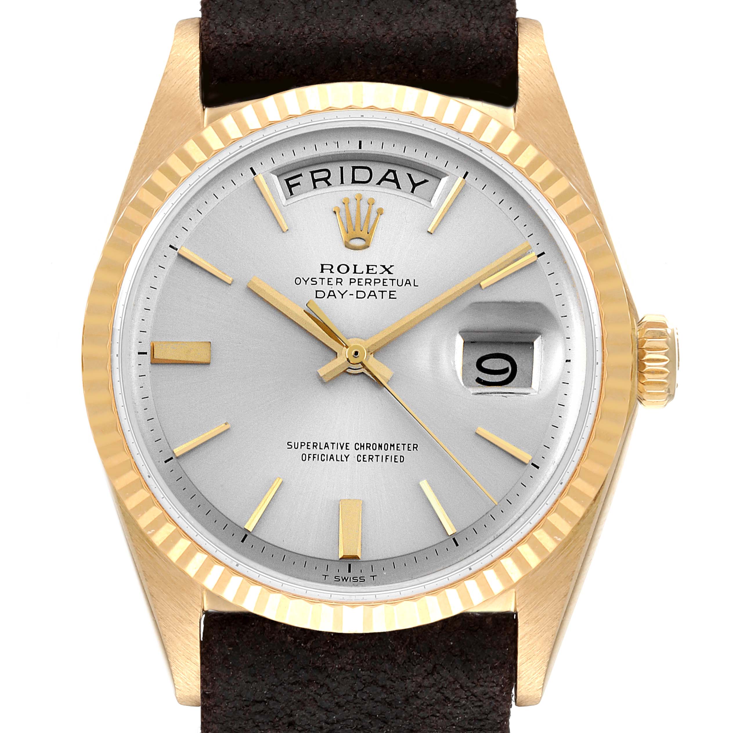 The image shows a frontal view of a Rolex Vintage Collection 1803 Men's Yellow Gold Silver Dial 1803 Men's Yellow Gold Silver Dial Oyster Perpetual Day-Date watch, displaying the face, bezel, and part of the strap.