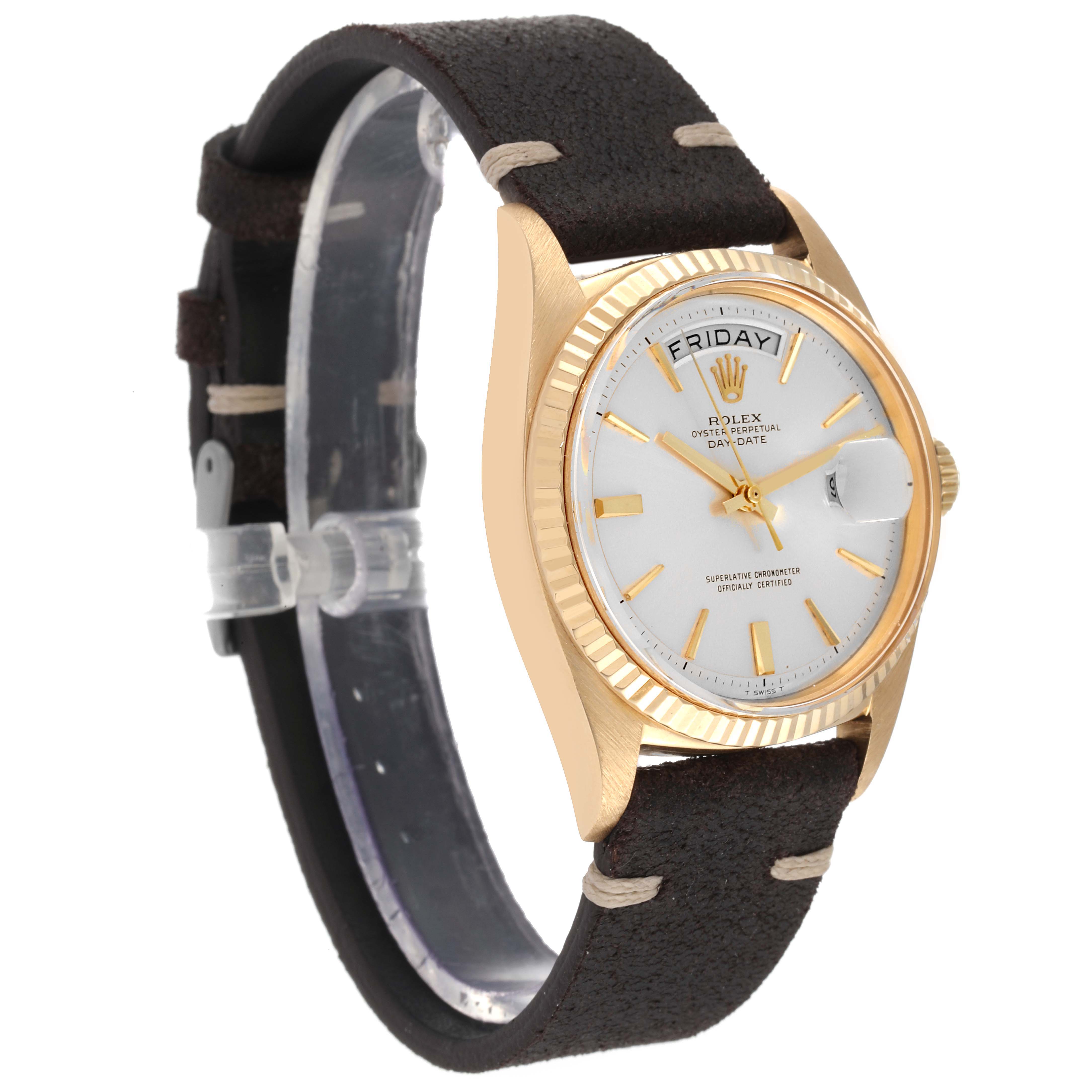 The image shows a side angle of the Rolex Vintage Collection 1803 Men's Yellow Gold Silver Dial 1803 Men's Yellow Gold Silver Dial watch, highlighting the dial, bezel, strap, and crown.