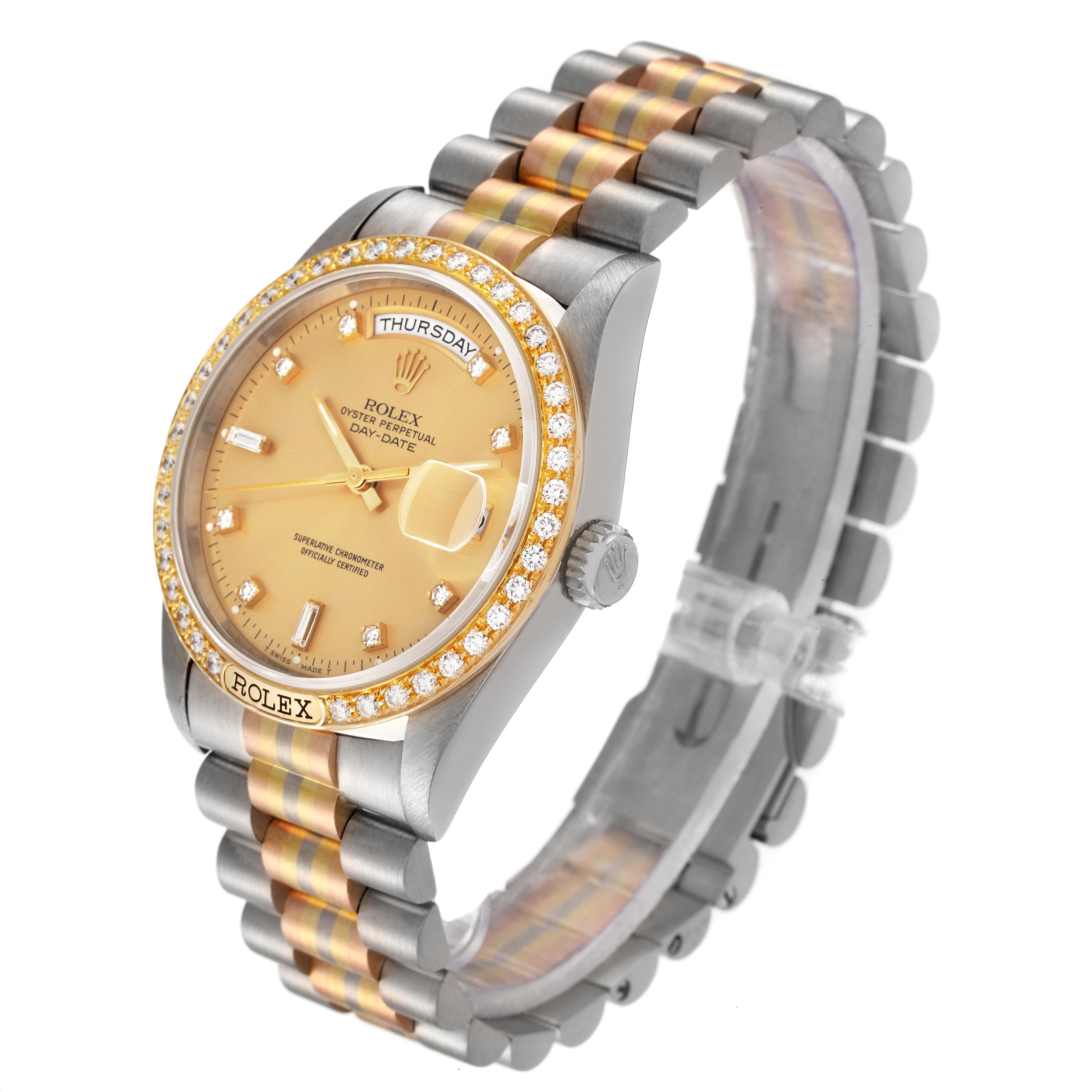 The Rolex President 18349 Men
s Steel and Gold (two tone) Champagne Dial 18349 Men
s Steel and Gold (two tone) Champagne Dial model watch is shown from a slightly angled side view, highlighting its face, bezel, and bracelet.