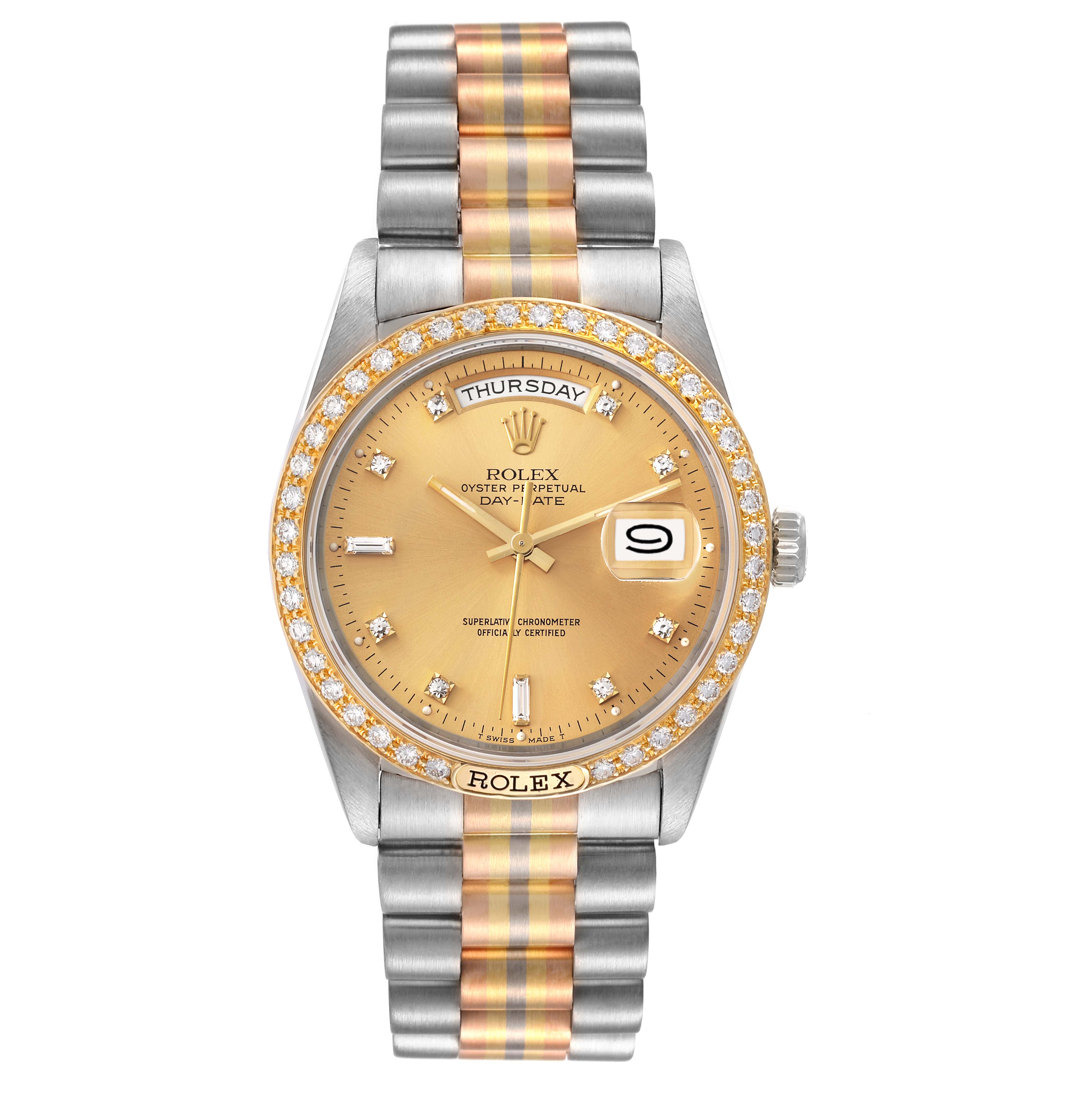 The Rolex President 18349 Men
s Steel and Gold (two tone) Champagne Dial 18349 Men
s Steel and Gold (two tone) Champagne Dial model watch is shown from a top-down angle, highlighting its dial, bezel, and bracelet.