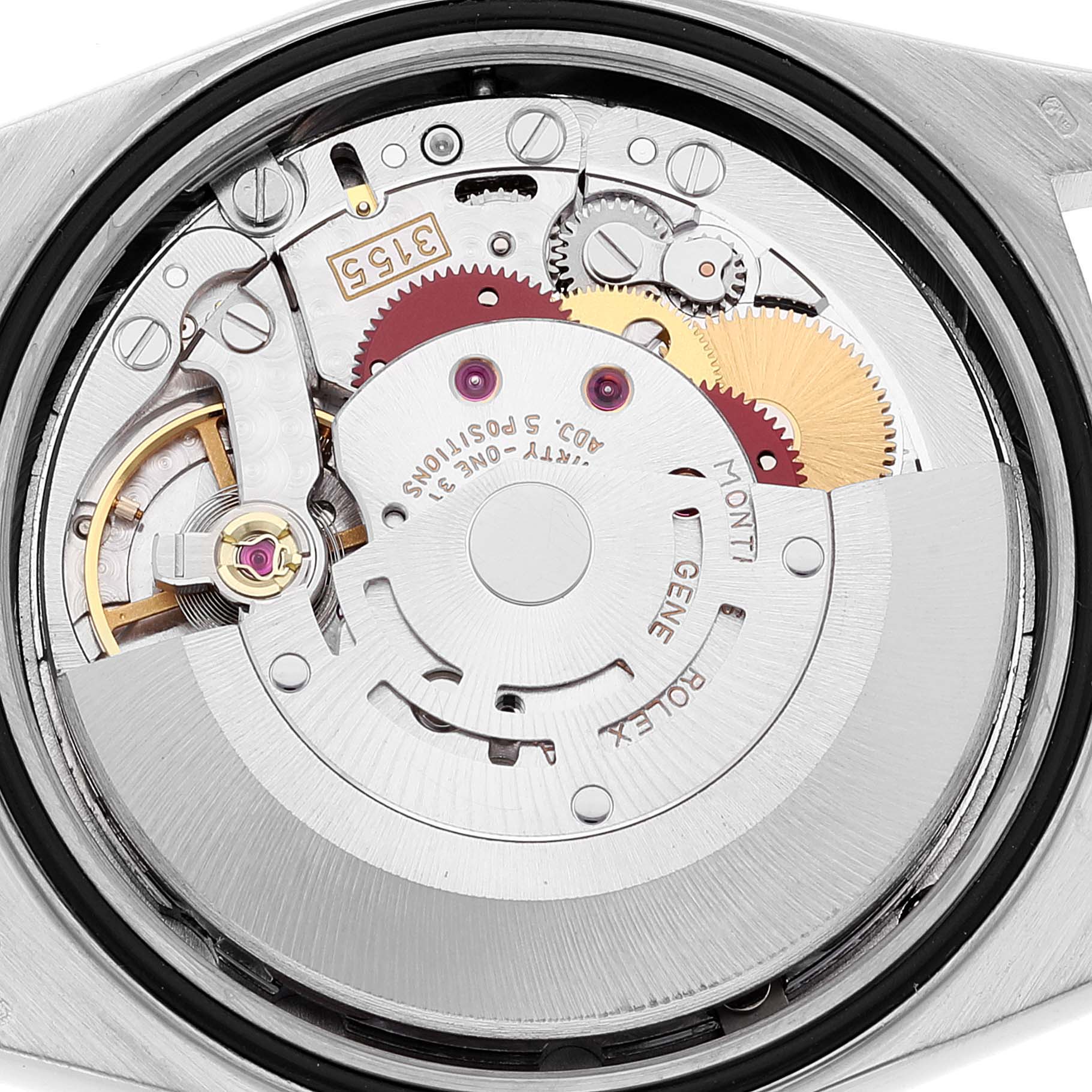 This image shows the inner mechanical movement of a Rolex President 18349 Men
s Steel and Gold (two tone) Champagne Dial 18349 Men
s Steel and Gold (two tone) Champagne Dial model watch from a top-down angle.