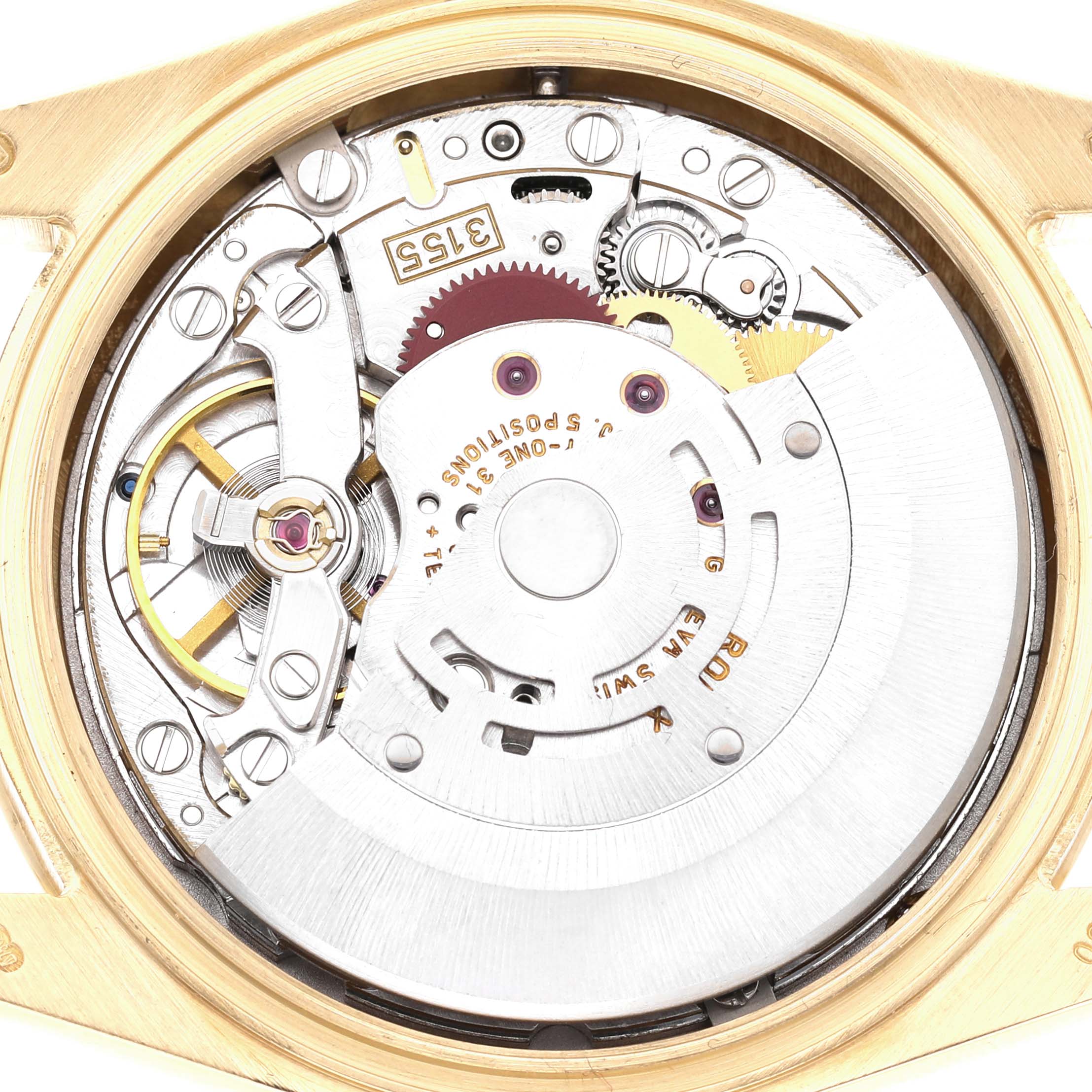 This image shows the movement and inner mechanism of a Rolex President 118348 Men's Yellow Gold Champagne Dial watch, focusing on the detailed components.