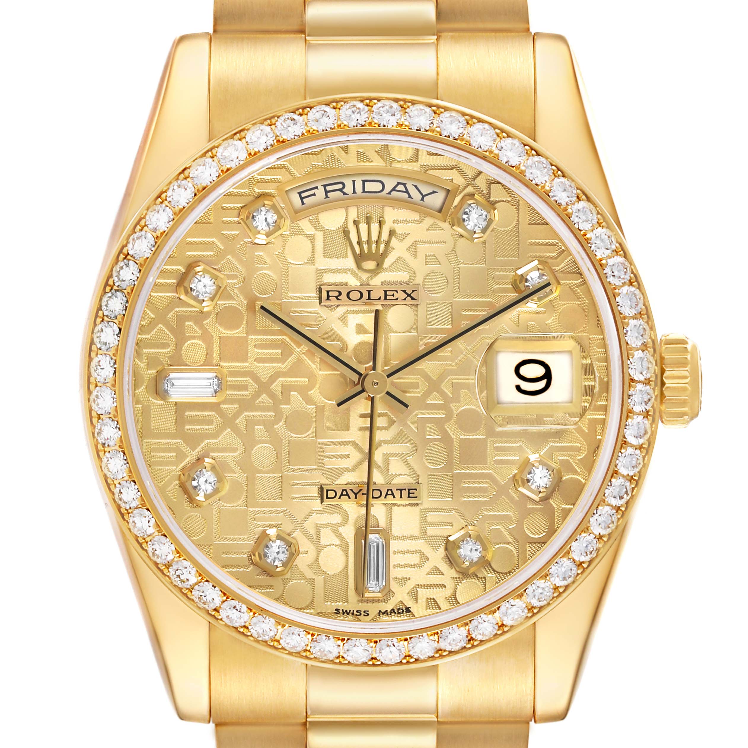 The Rolex President 118348 Men's Yellow Gold Champagne Dial watch is shown from the front, featuring its day-date display, diamond-encrusted bezel, and gold dial.