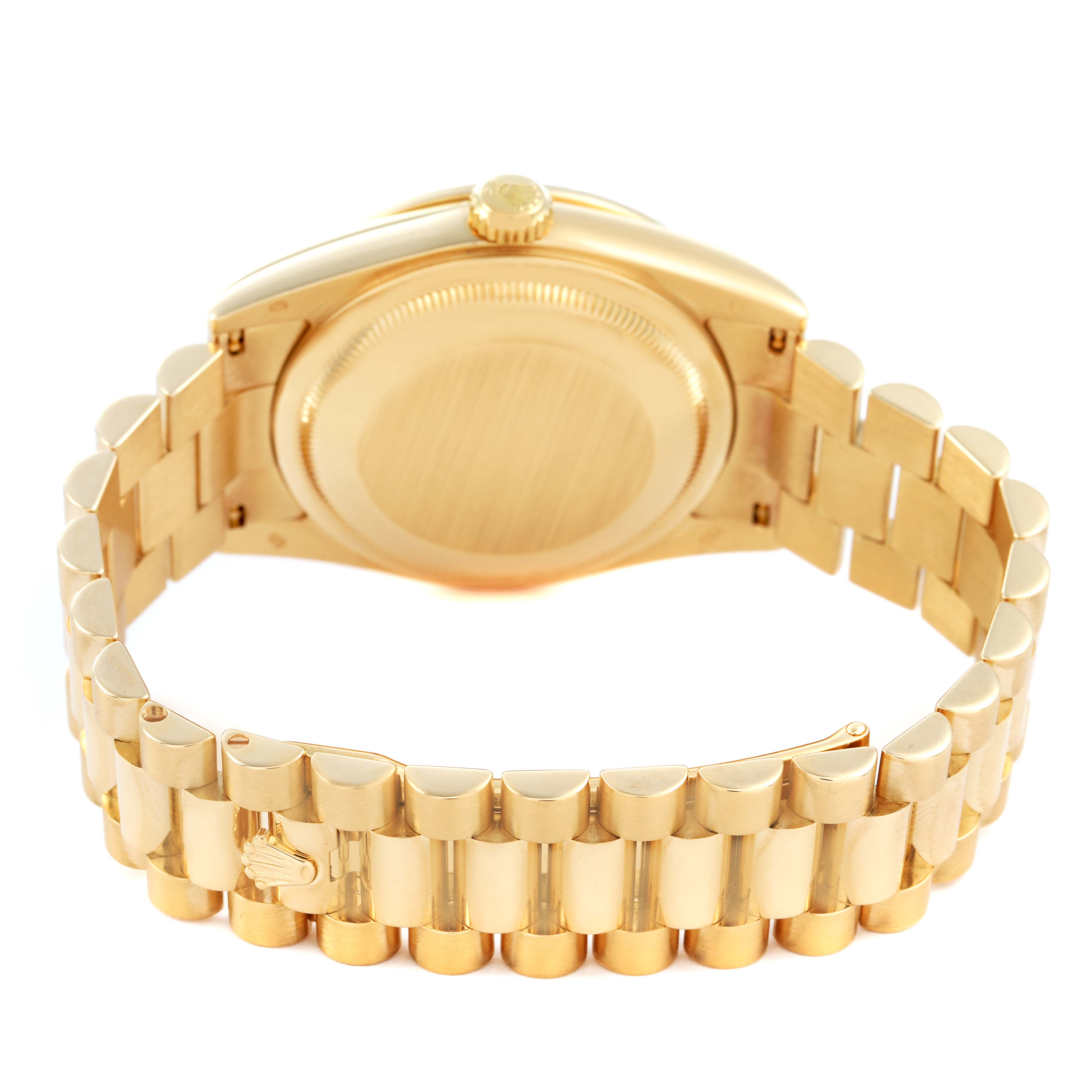 The image shows the back and bracelet of a Rolex President 118348 Men's Yellow Gold Champagne Dial model, highlighting the clasp and crown.