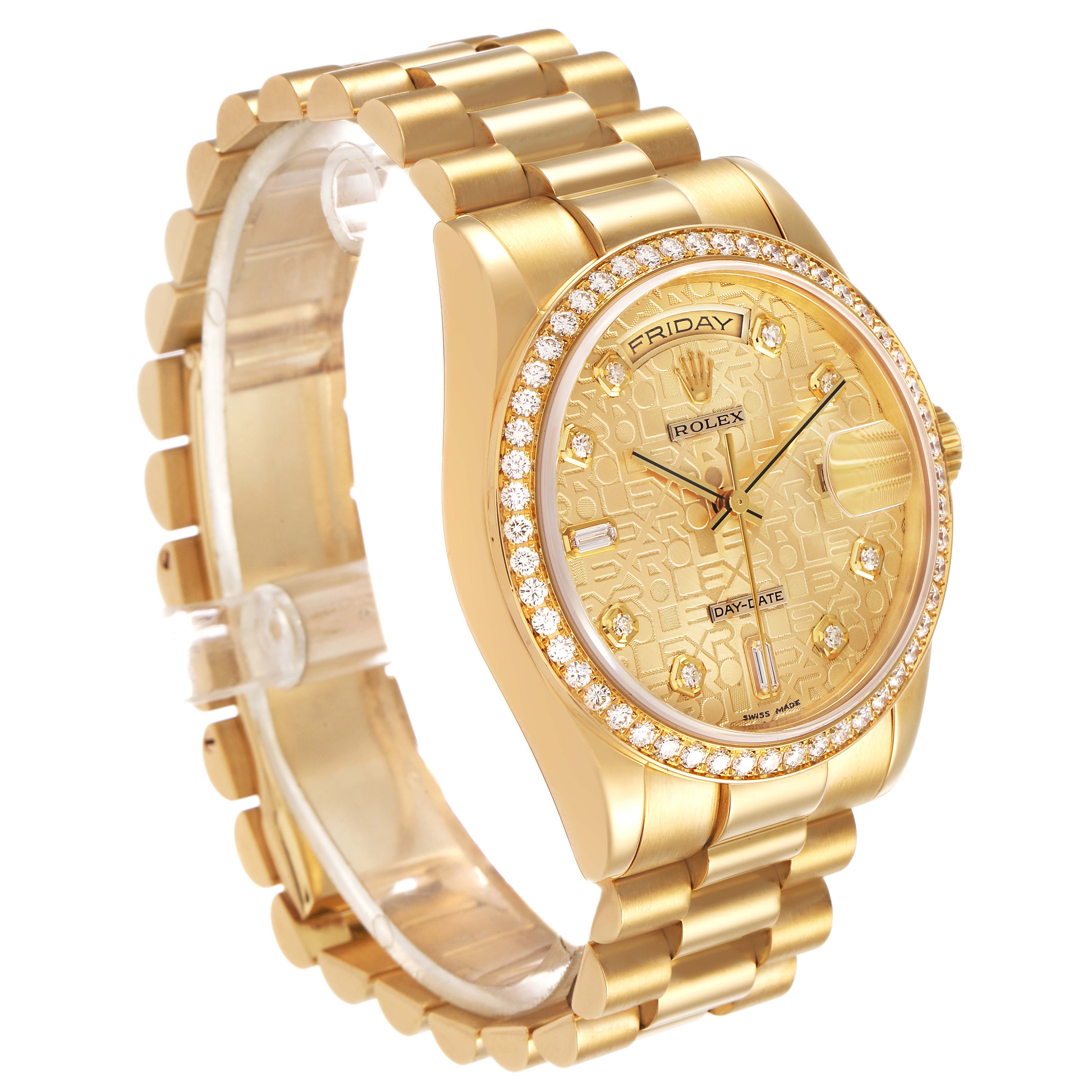 The Rolex President 118348 Men's Yellow Gold Champagne Dial watch is shown at a three-quarter angle, highlighting its gold bracelet, diamond bezel, and detailed dial.
