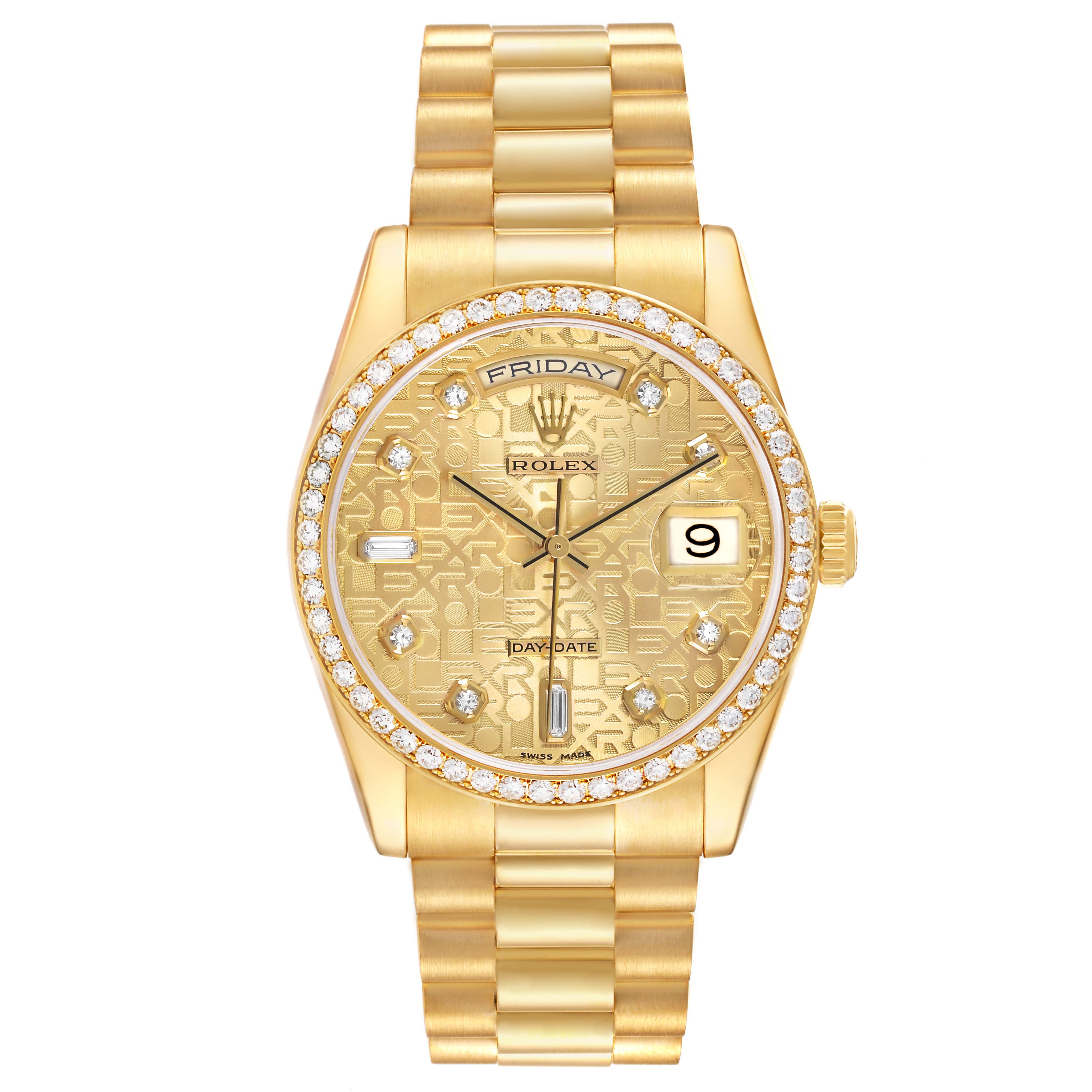 The Rolex President 118348 Men's Yellow Gold Champagne Dial model watch is shown from a front view, displaying the bezel, dial, bracelet, and crown.