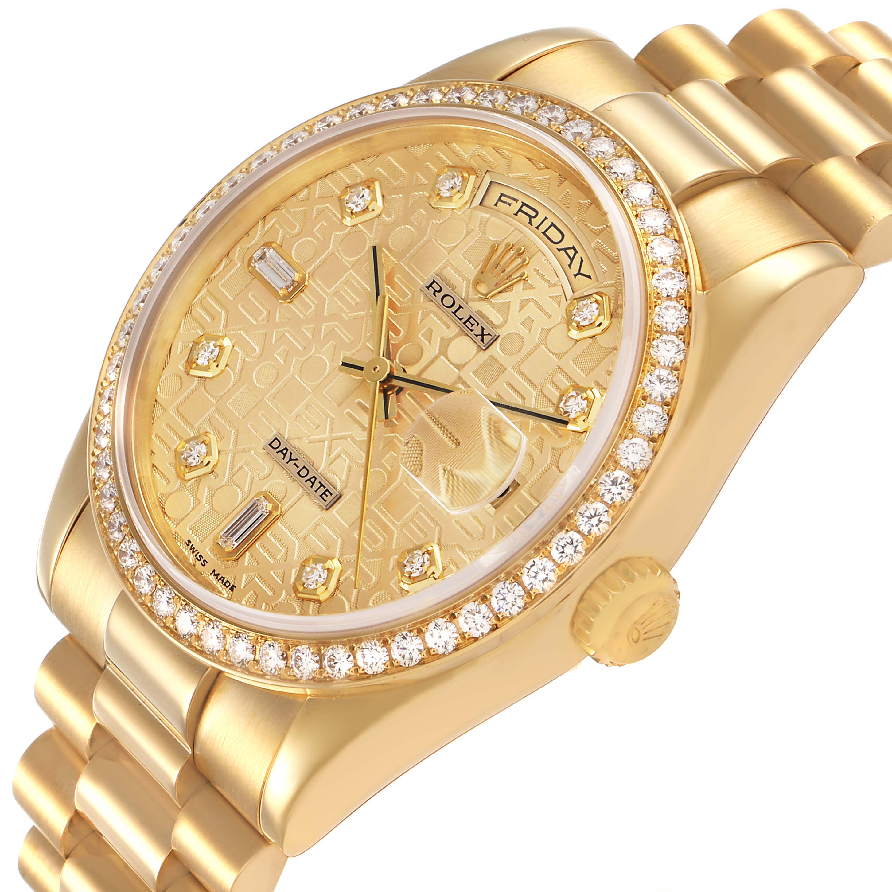 The Rolex President 118348 Men's Yellow Gold Champagne Dial watch is shown at an angle highlighting its gold bracelet, diamond bezel, and day-date display on the face.