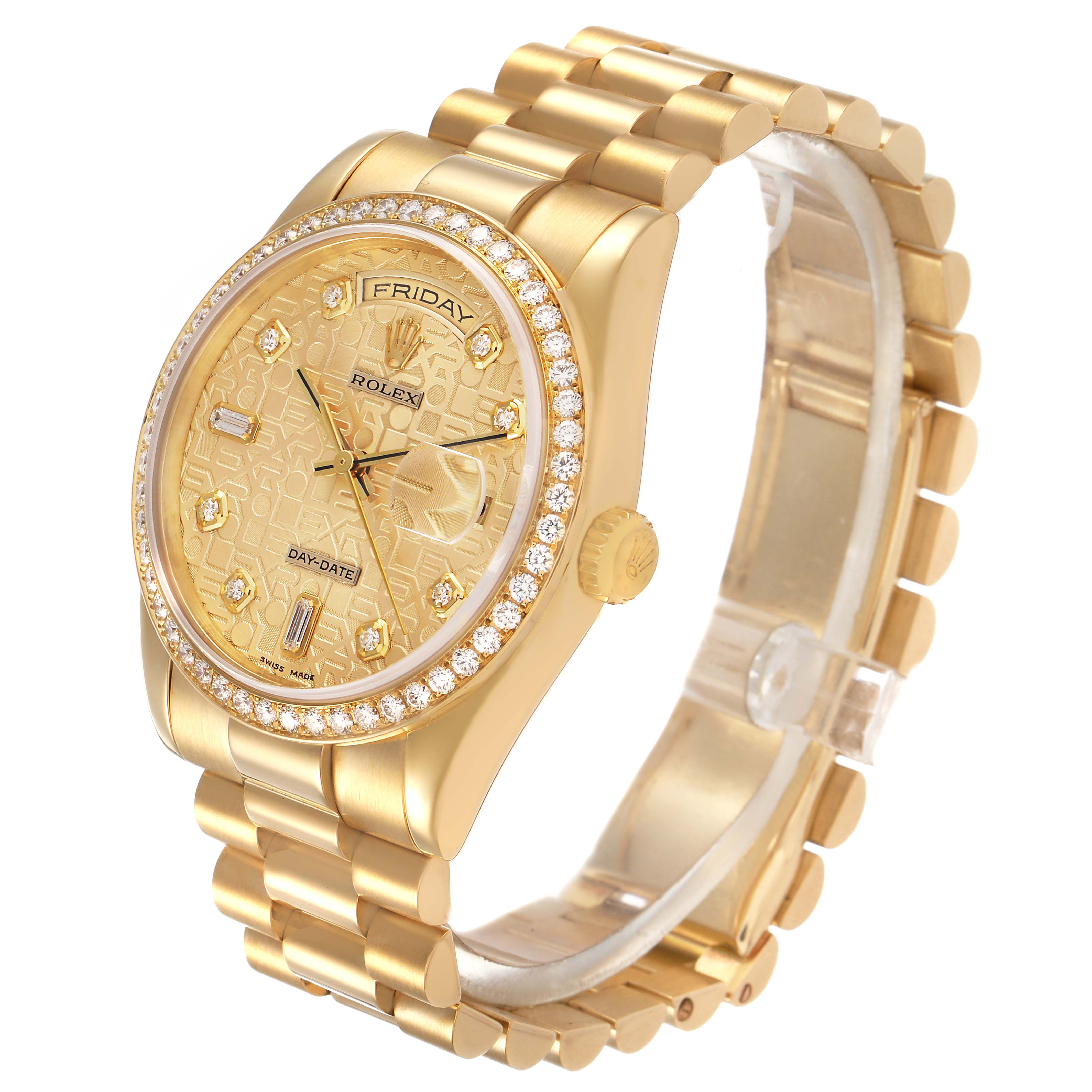 The Rolex President 118348 Men's Yellow Gold Champagne Dial watch is shown at a slight angle, highlighting the face, bezel, crown, and part of the bracelet.