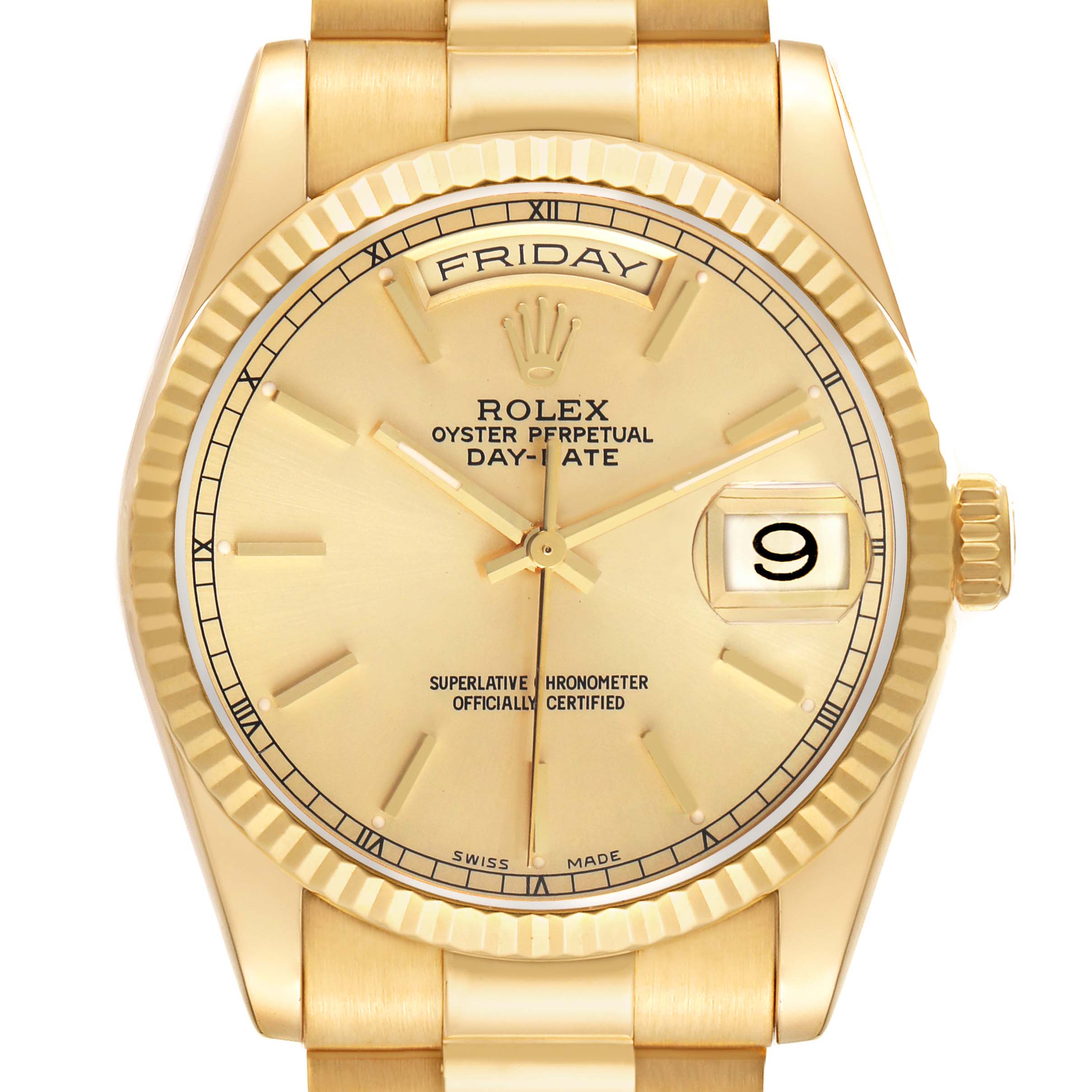 The image shows a front view of the Rolex President 118238 Men's Yellow Gold Champagne Dial watch, highlighting the dial, bezel, bracelet, day, and date features.