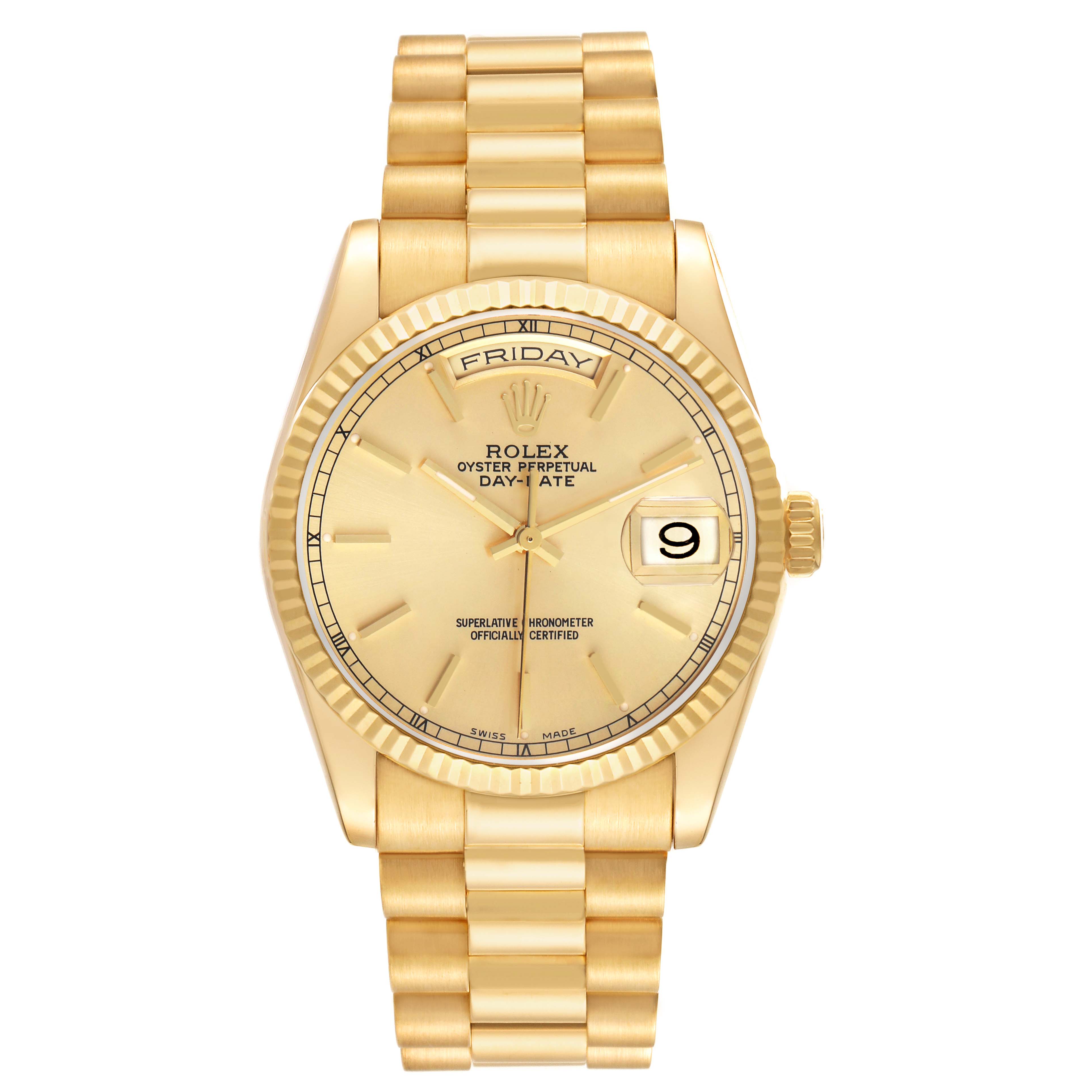 The image shows a frontal view of the Rolex President 118238 Men's Yellow Gold Champagne Dial model, displaying the dial, bezel, bracelet, and date window.