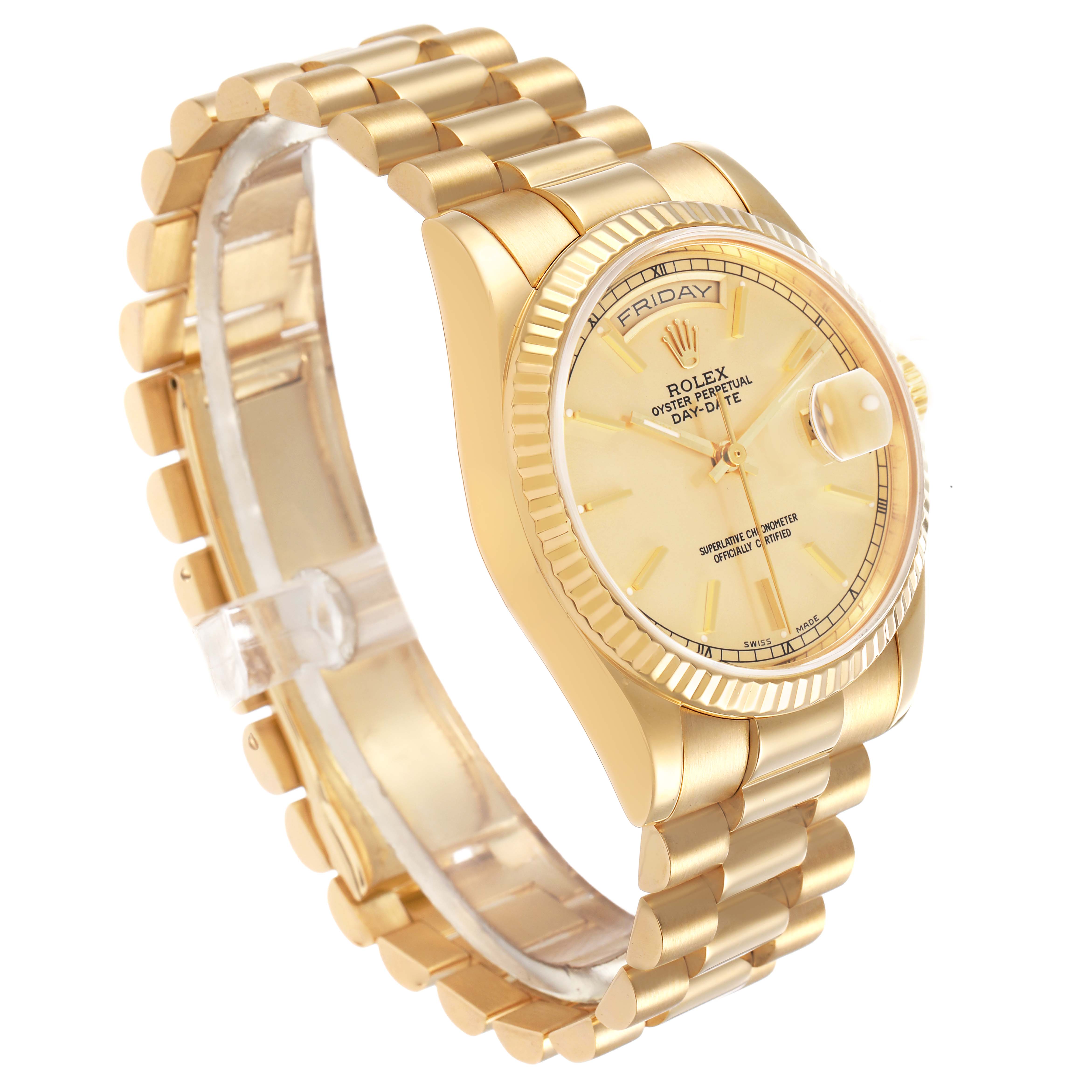 The image shows a side view of a Rolex President 118238 Men's Yellow Gold Champagne Dial model, highlighting the bracelet, bezel, and face.