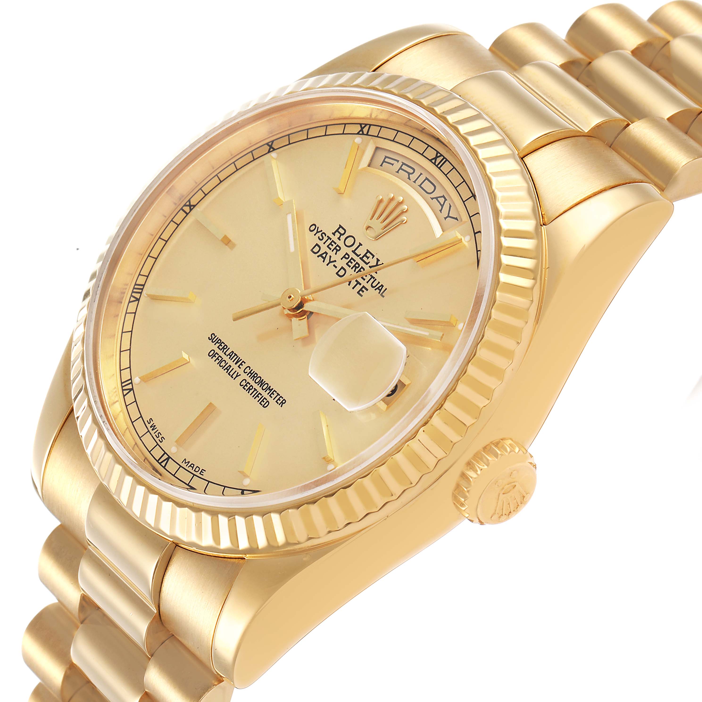 The Rolex President 118238 Men's Yellow Gold Champagne Dial watch is shown at an angle displaying its face, bezel, bracelet, and crown.