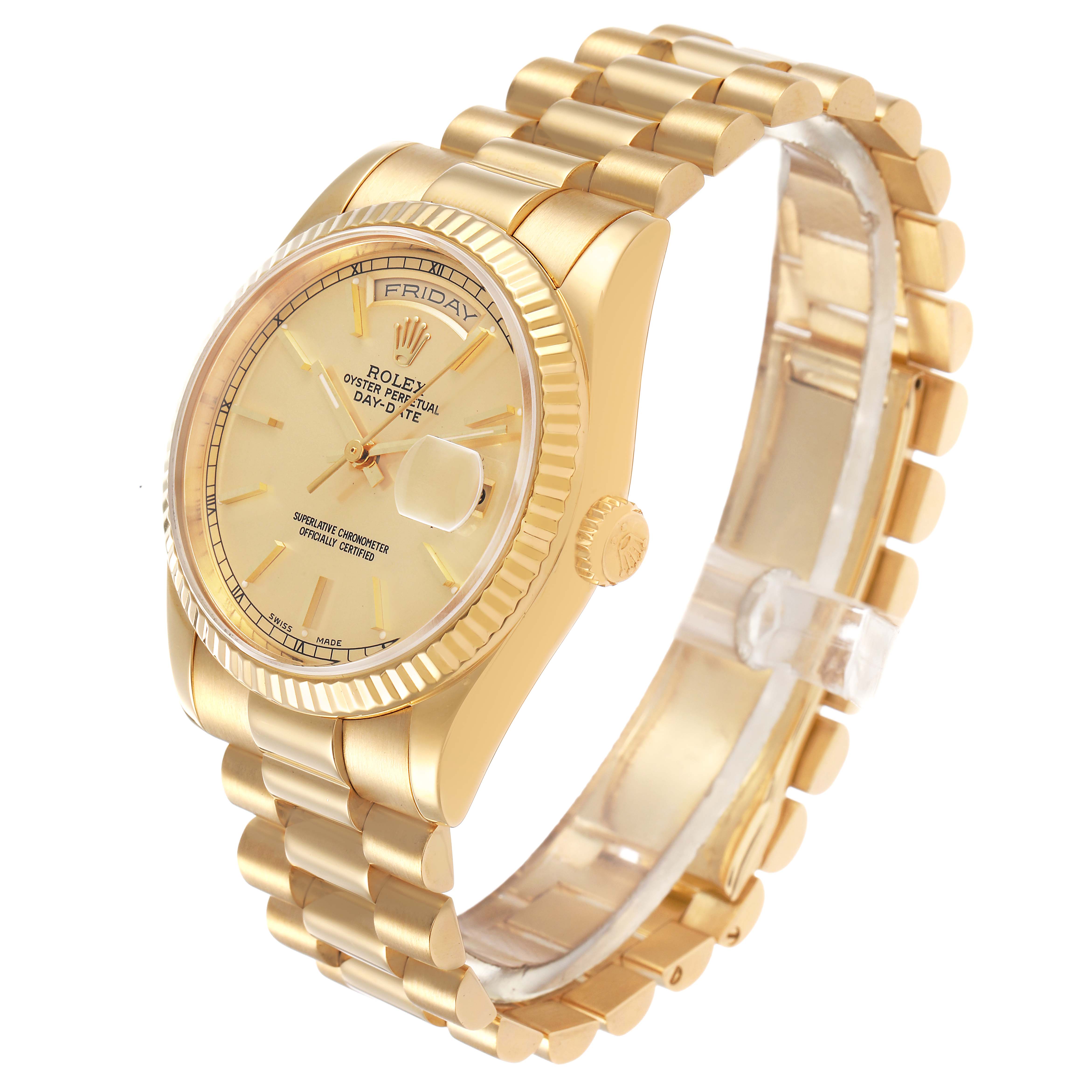 The Rolex President 118238 Men's Yellow Gold Champagne Dial model watch is shown at a three-quarter angle highlighting the face, bezel, crown, and bracelet.