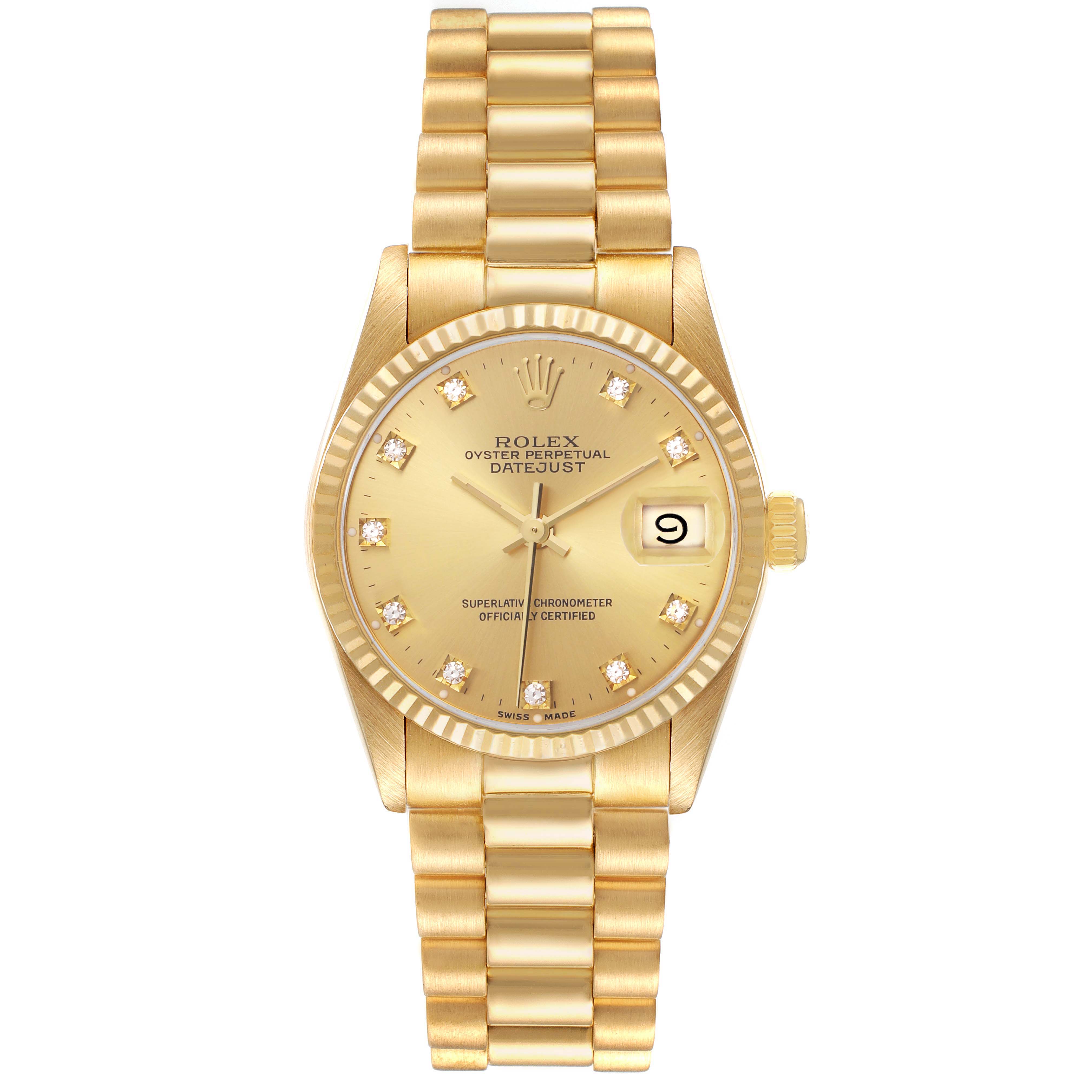 The Rolex President 68278 Women's Yellow Gold Champagne Dial model is shown from a top view, displaying its face, fluted bezel, and gold bracelet.