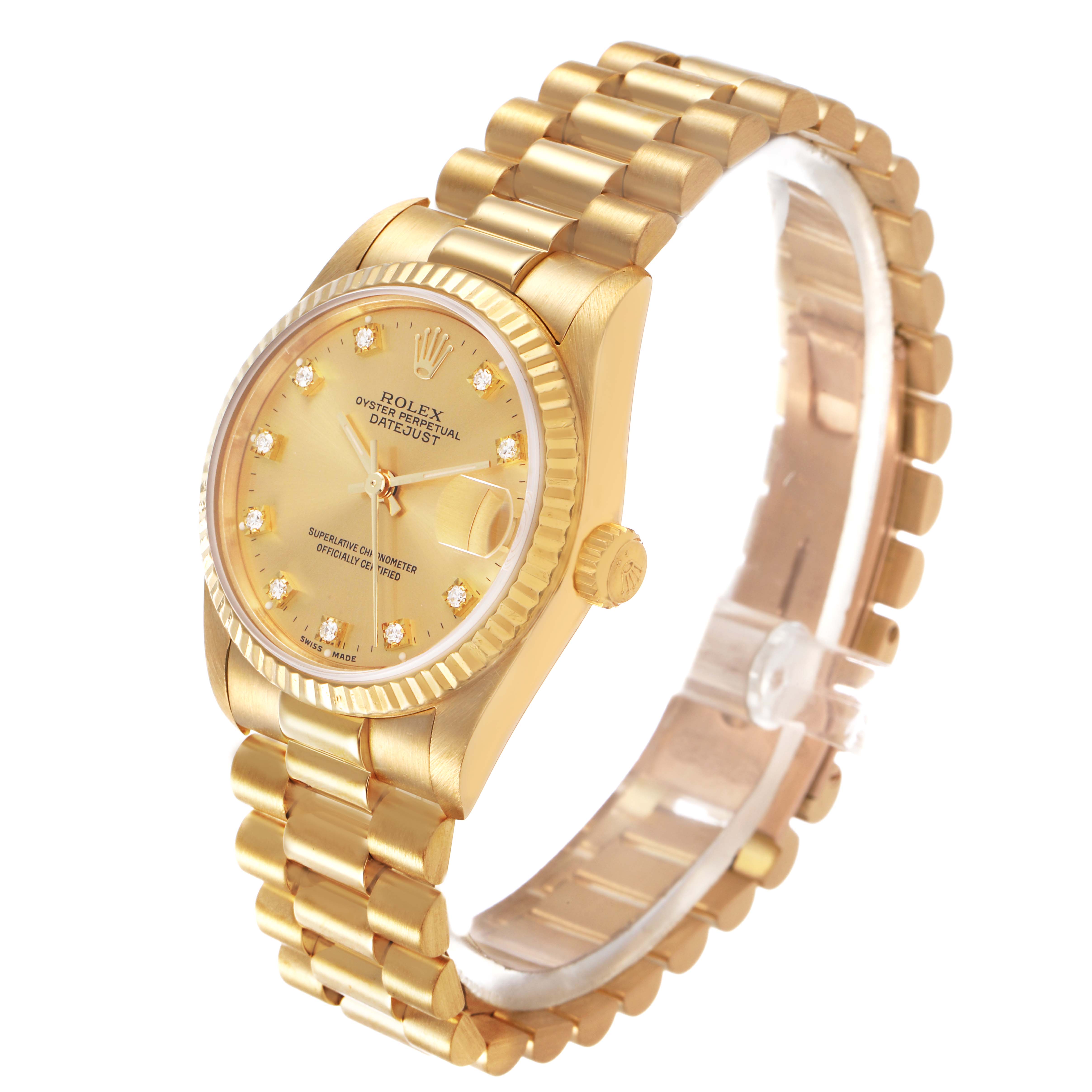 The Rolex President 68278 Women's Yellow Gold Champagne Dial watch is shown at a side angle, highlighting the face, fluted bezel, and bracelet.