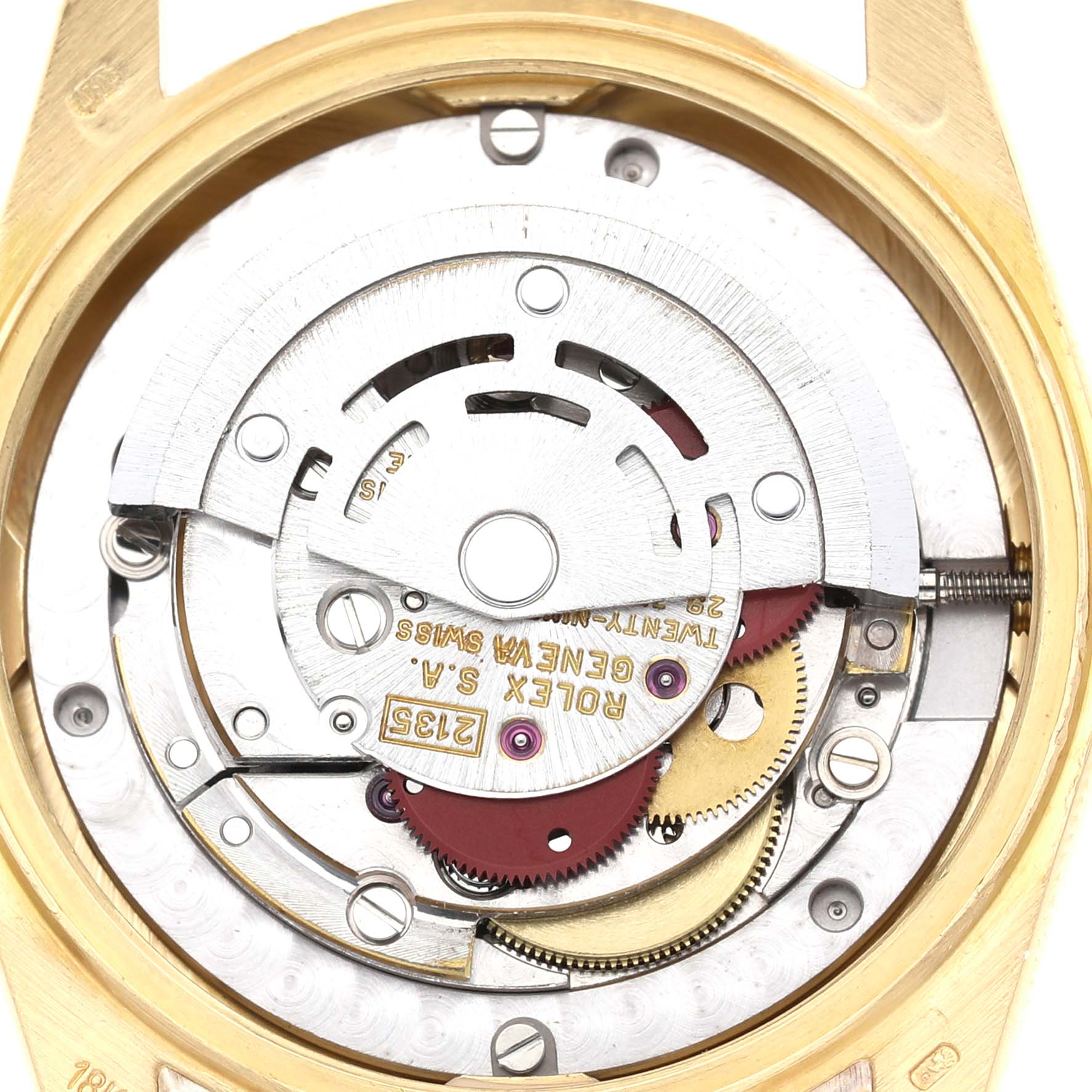 The image shows the movement of a Rolex President 68278 Women's Yellow Gold Champagne Dial model, viewed from the back, highlighting the intricate mechanisms.