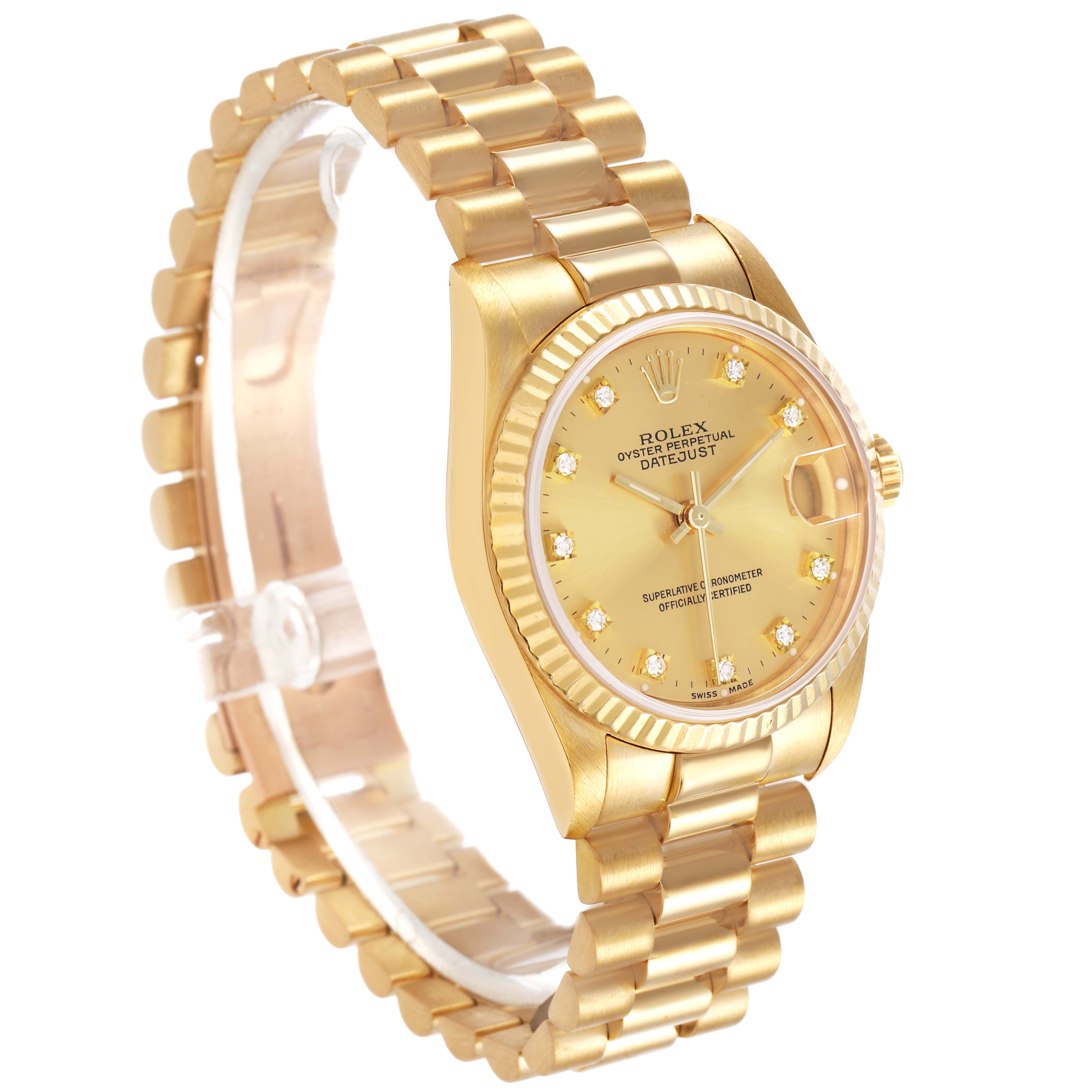 The Rolex President 68278 Women's Yellow Gold Champagne Dial model watch is shown at a three-quarter angle, highlighting the face, bezel, and bracelet.